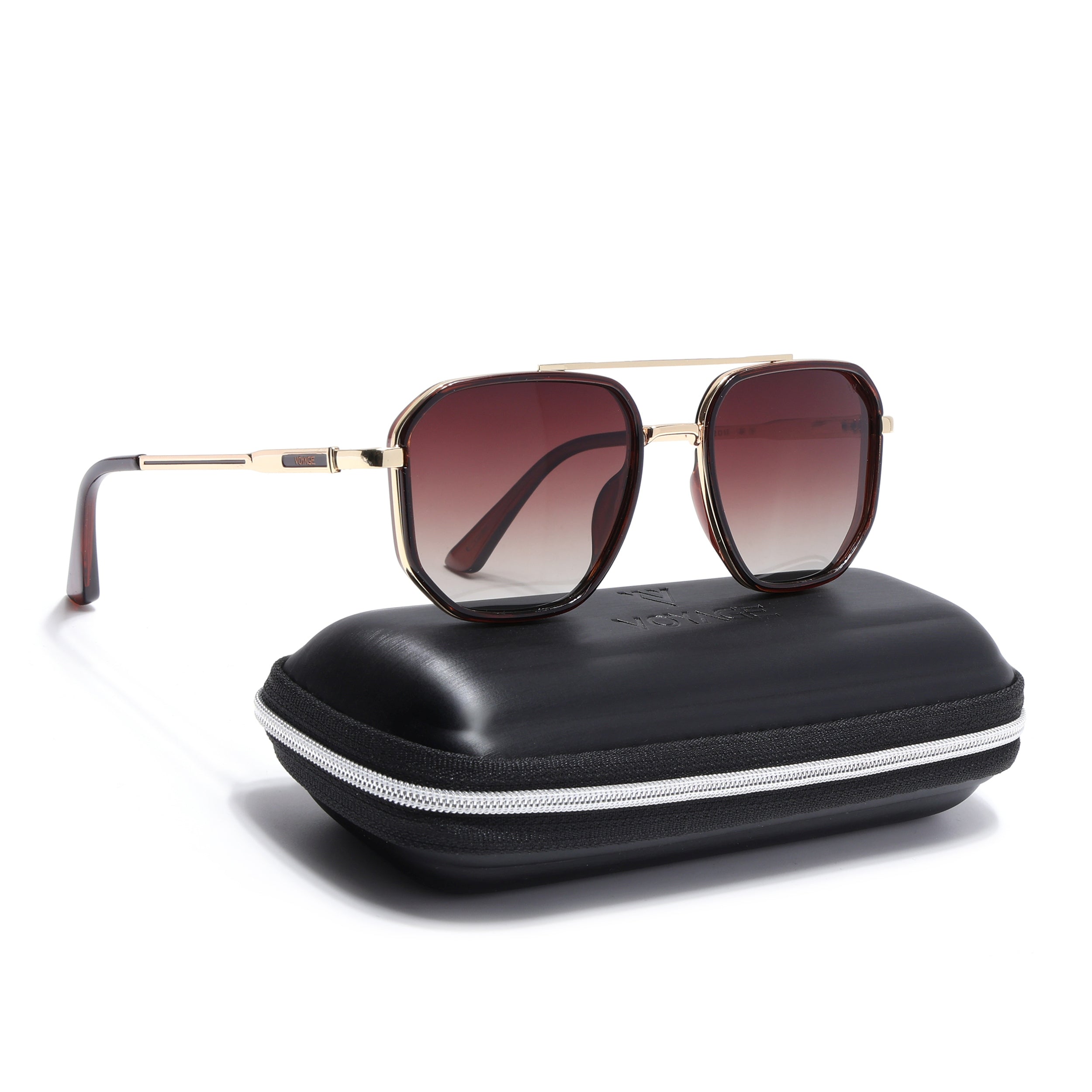 Hexagonal Polarized Sunglasses for Men & Women (Brown & Clear Lens | Golden & Brown Frame - VOYLB05-C3)