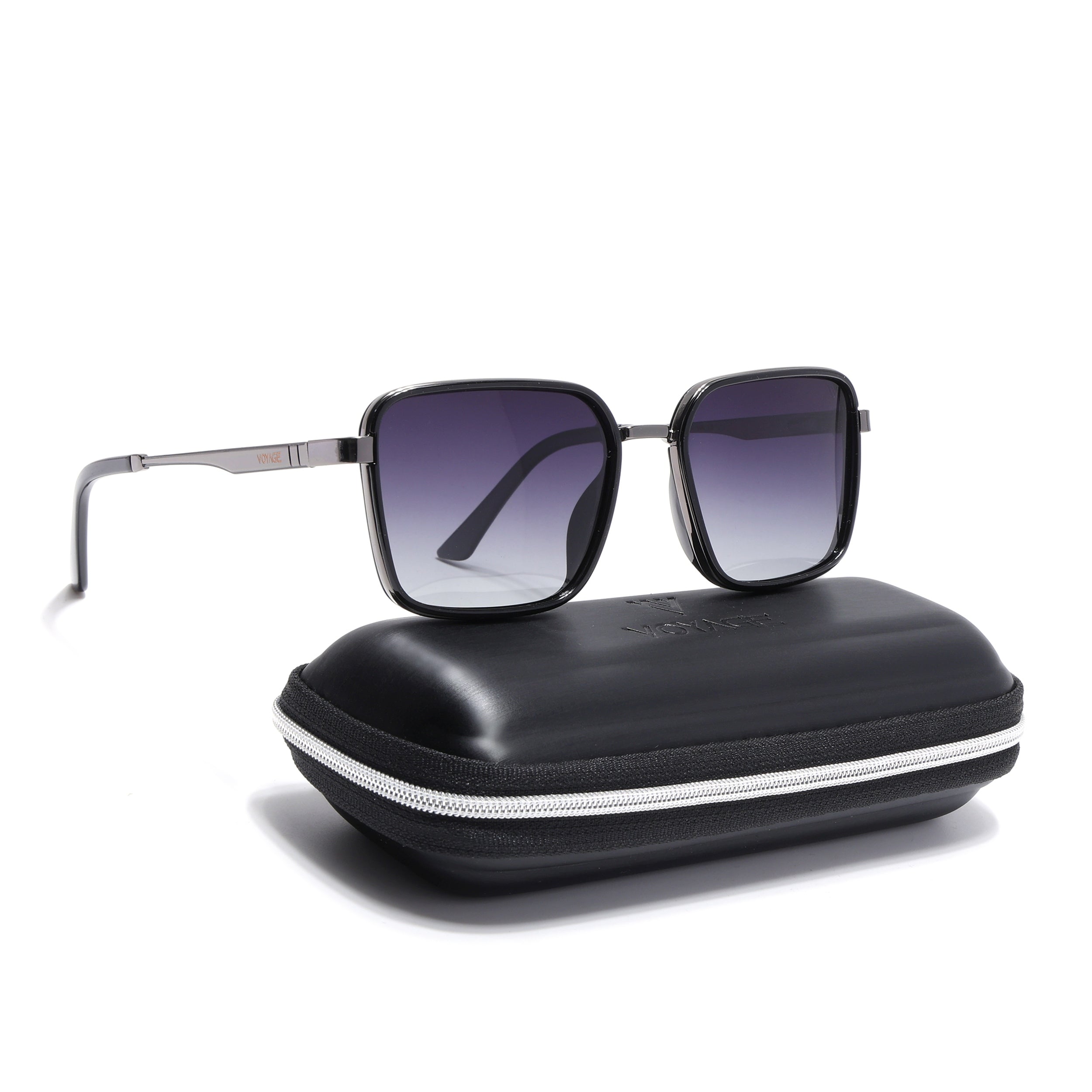 Square Polarized Sunglasses for Men & Women (Grey & clear Lens | Grey & Black Frame - VOYLB06-C2)