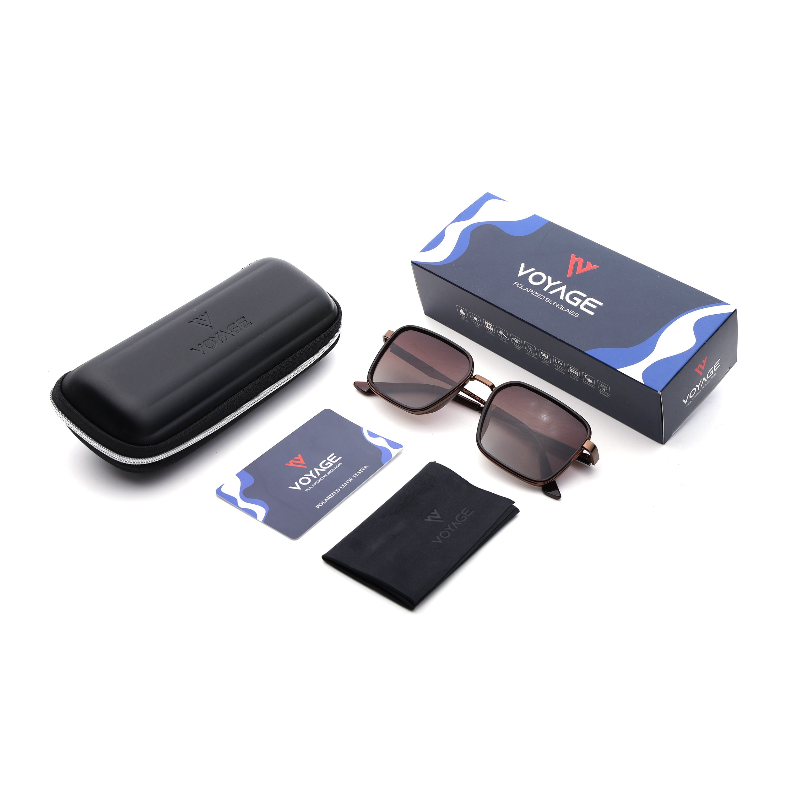 Square Polarized Sunglasses for Men & Women (Brown & Clear Lens | Brown & Black Frame - VOYLB06-C3)