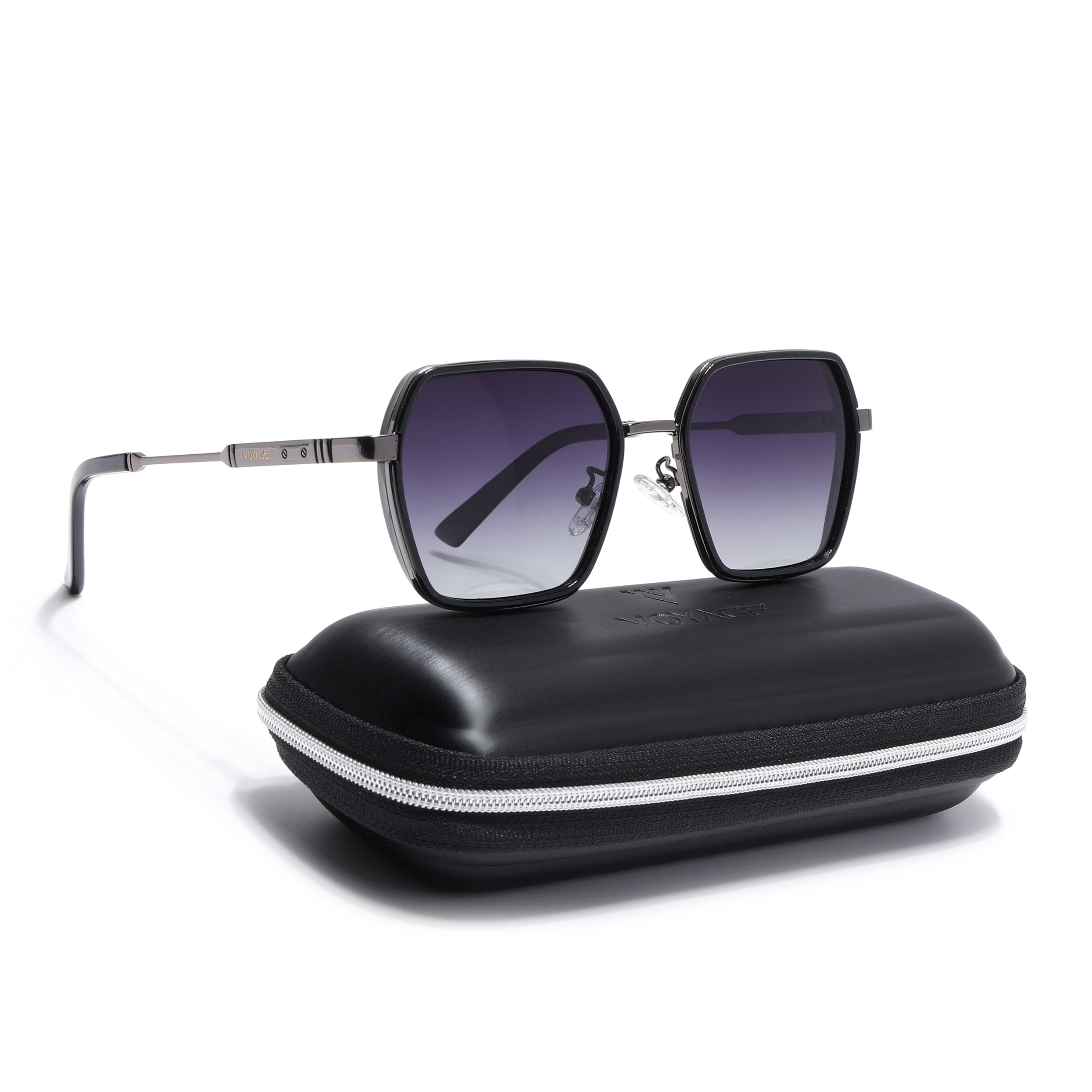 Square Polarized Sunglasses for Men & Women (Grey & Clear Lens | Grey & Black Frame - VOYLB07-C2)