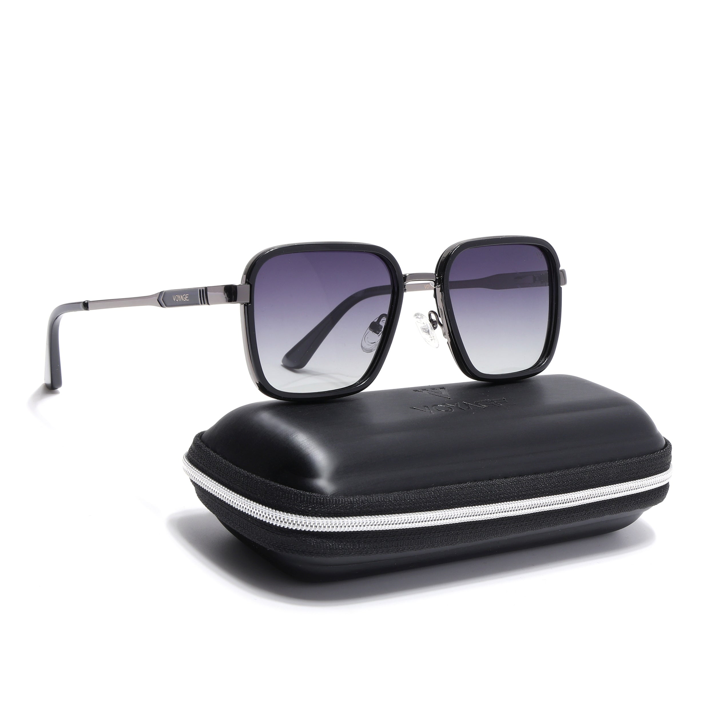 Square Polarized Sunglasses for Men & Women (Grey & Clear Lens | Grey & Black Frame - VOYLB08-C2)