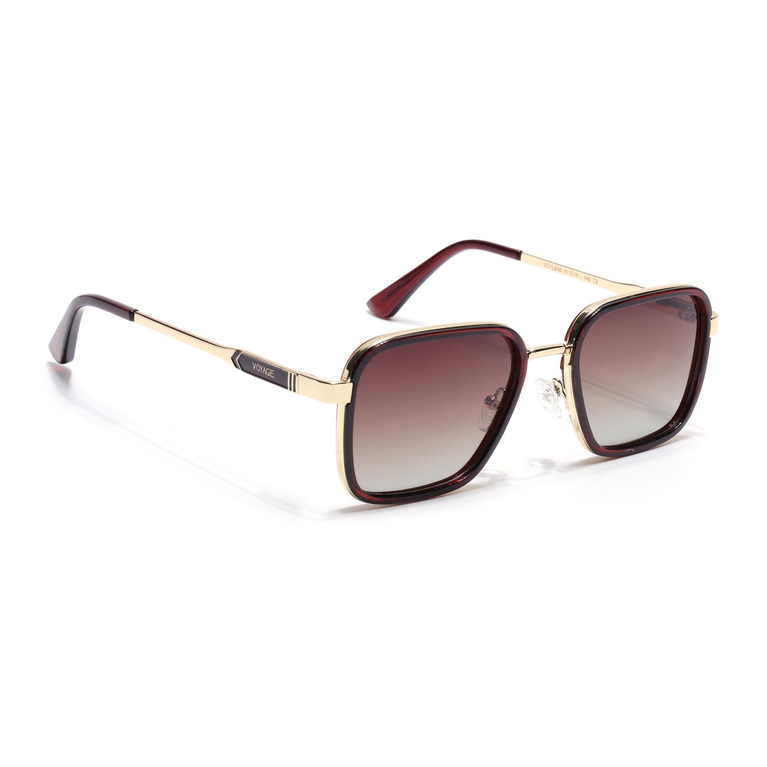 Square Polarized Sunglasses for Men & Women (Brown & Clear Lens | Golden & Brown Frame - VOYLB08-C3)