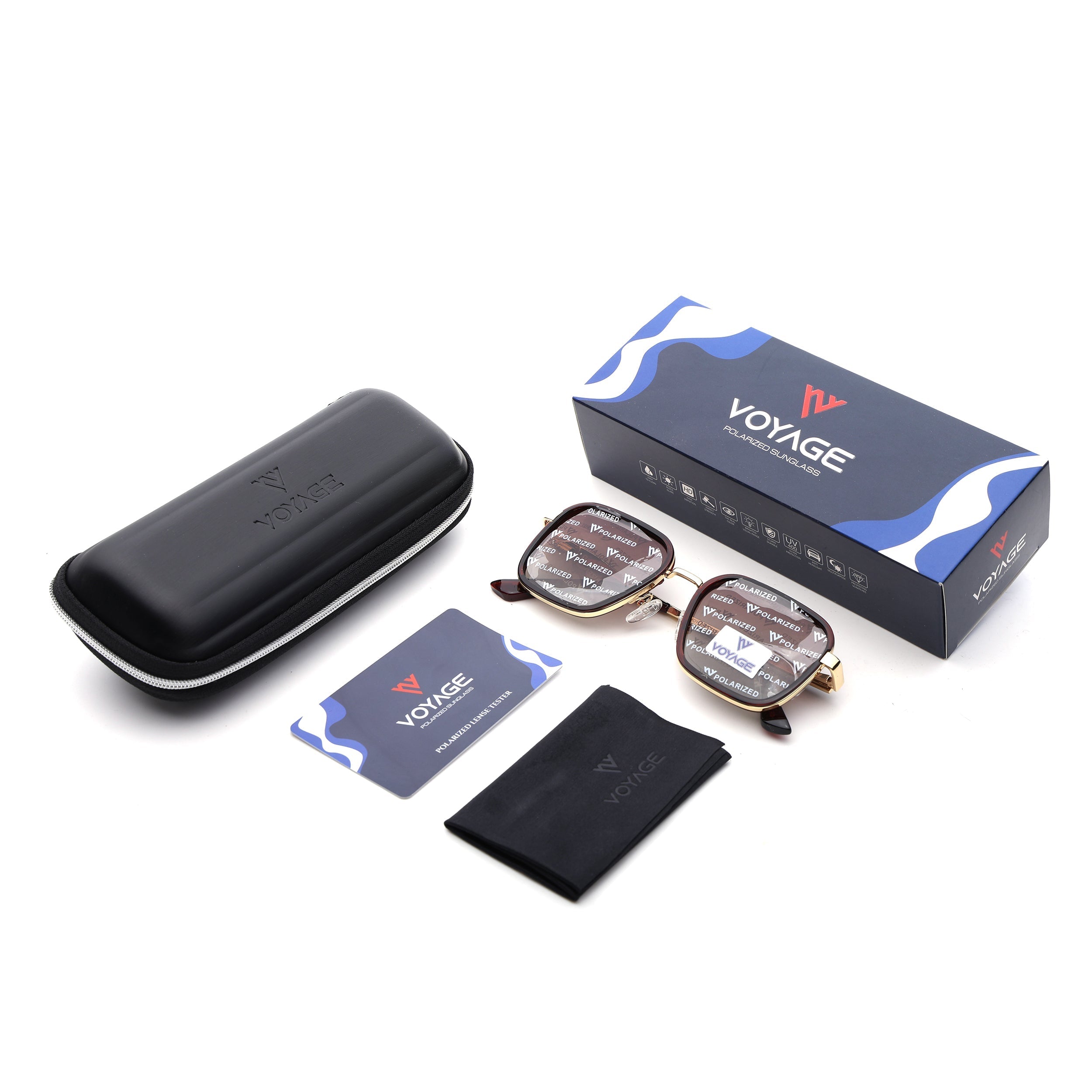 Square Polarized Sunglasses for Men & Women (Brown & Clear Lens | Golden & Brown Frame - VOYLB08-C3)