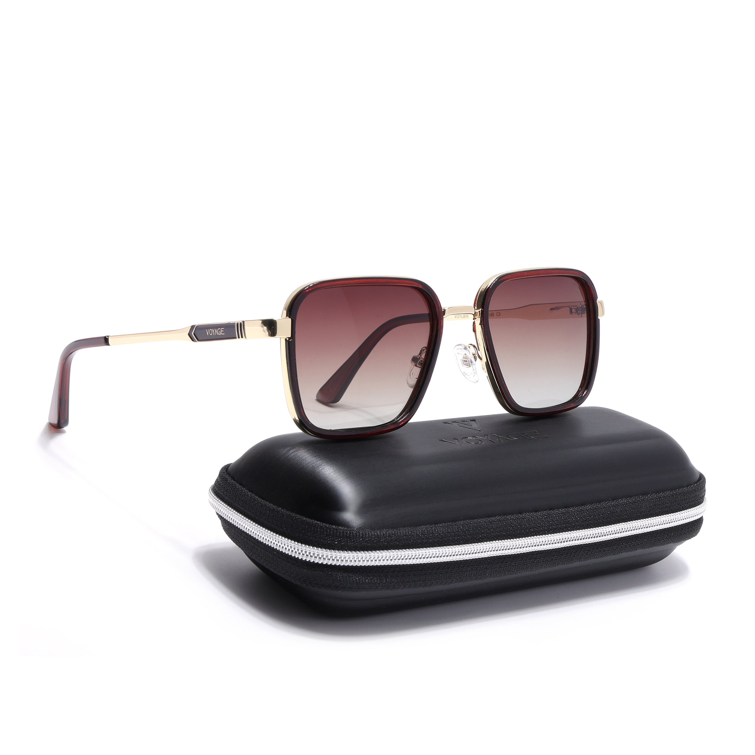 Square Polarized Sunglasses for Men & Women (Brown & Clear Lens | Golden & Brown Frame - VOYLB08-C3)