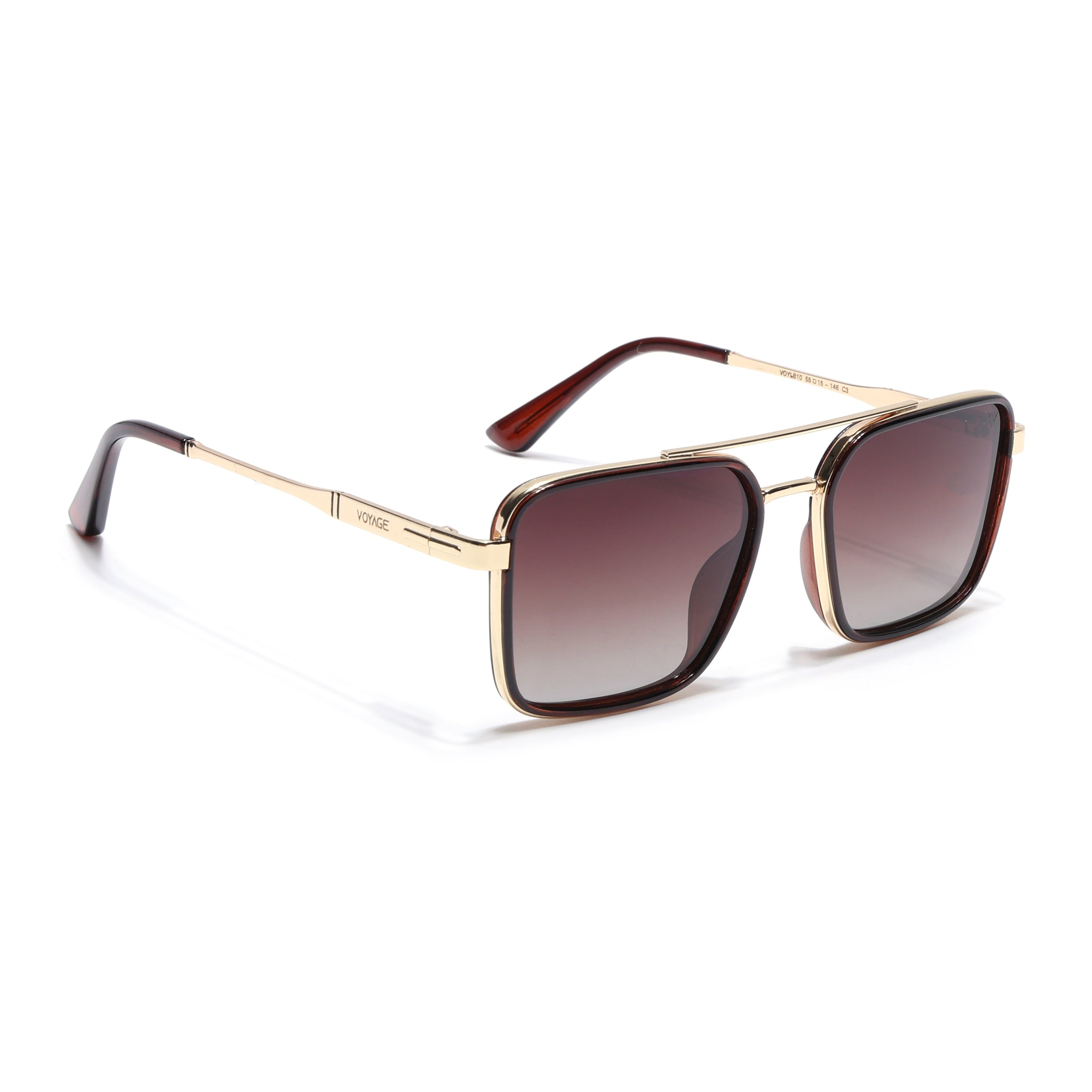 Square Polarized Sunglasses for Men & Women (Brown & Clear Lens | Golden & Brown Frame - VOYLB10-C3)