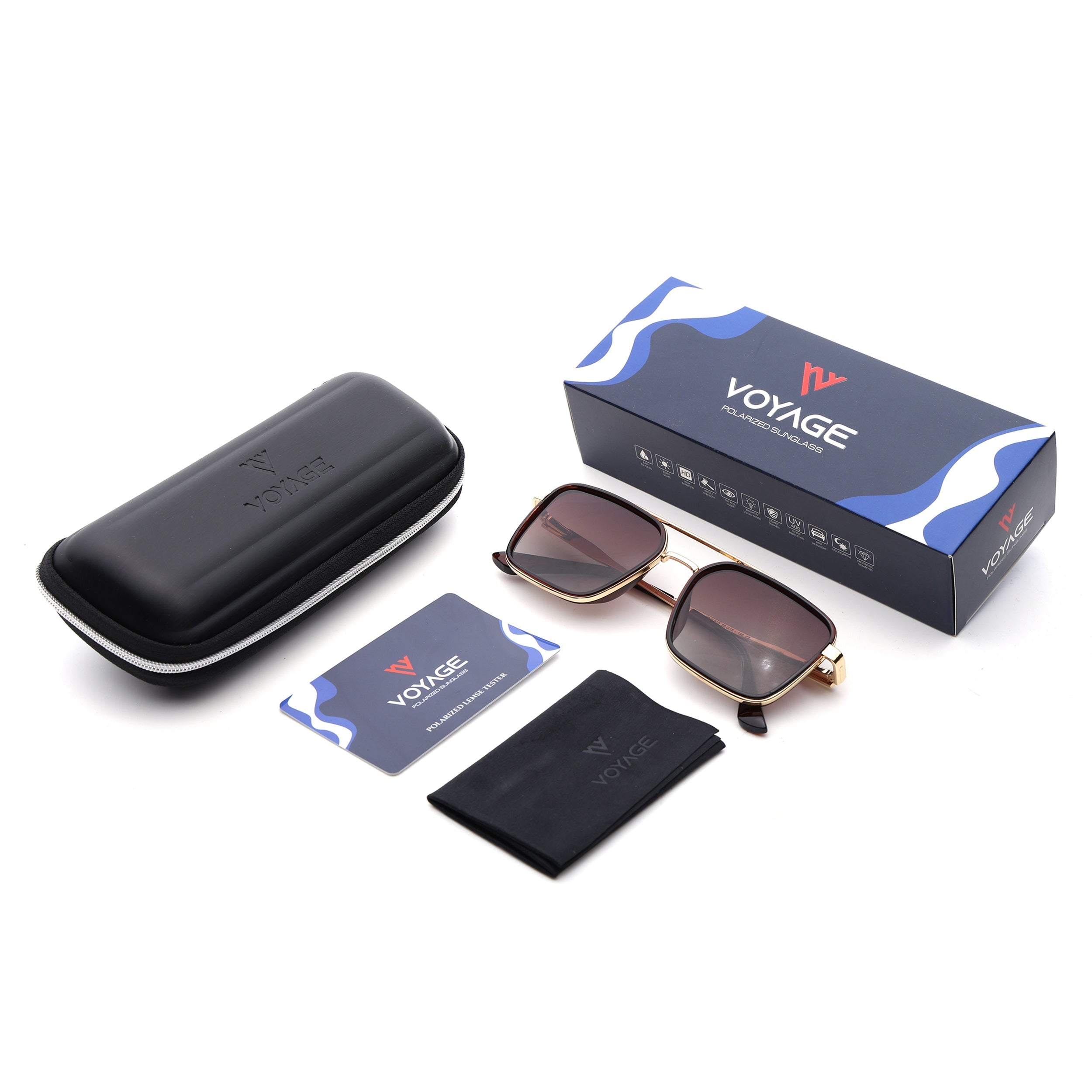 Square Polarized Sunglasses for Men & Women (Brown & Clear Lens | Golden & Brown Frame - VOYLB10-C3)