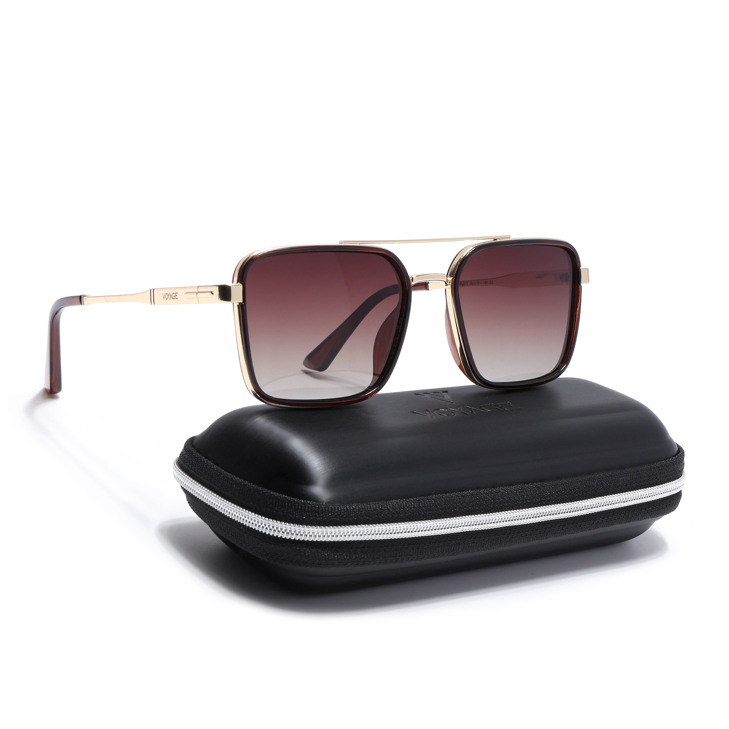 Square Polarized Sunglasses for Men & Women (Brown & Clear Lens | Golden & Brown Frame - VOYLB10-C3)