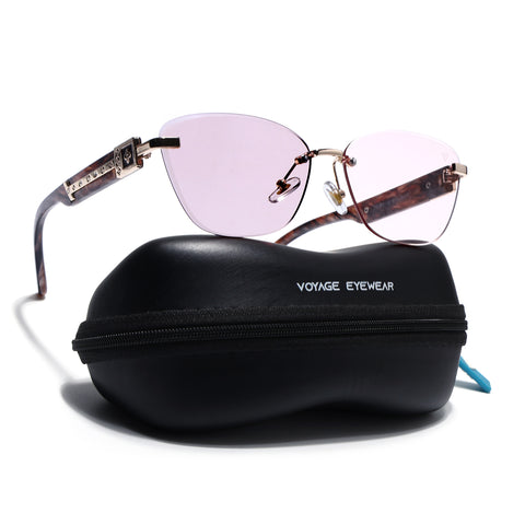 Rimless Photochromic Sunglasses for Men & Women (Pink Lens | Golden Frame - MG7806)