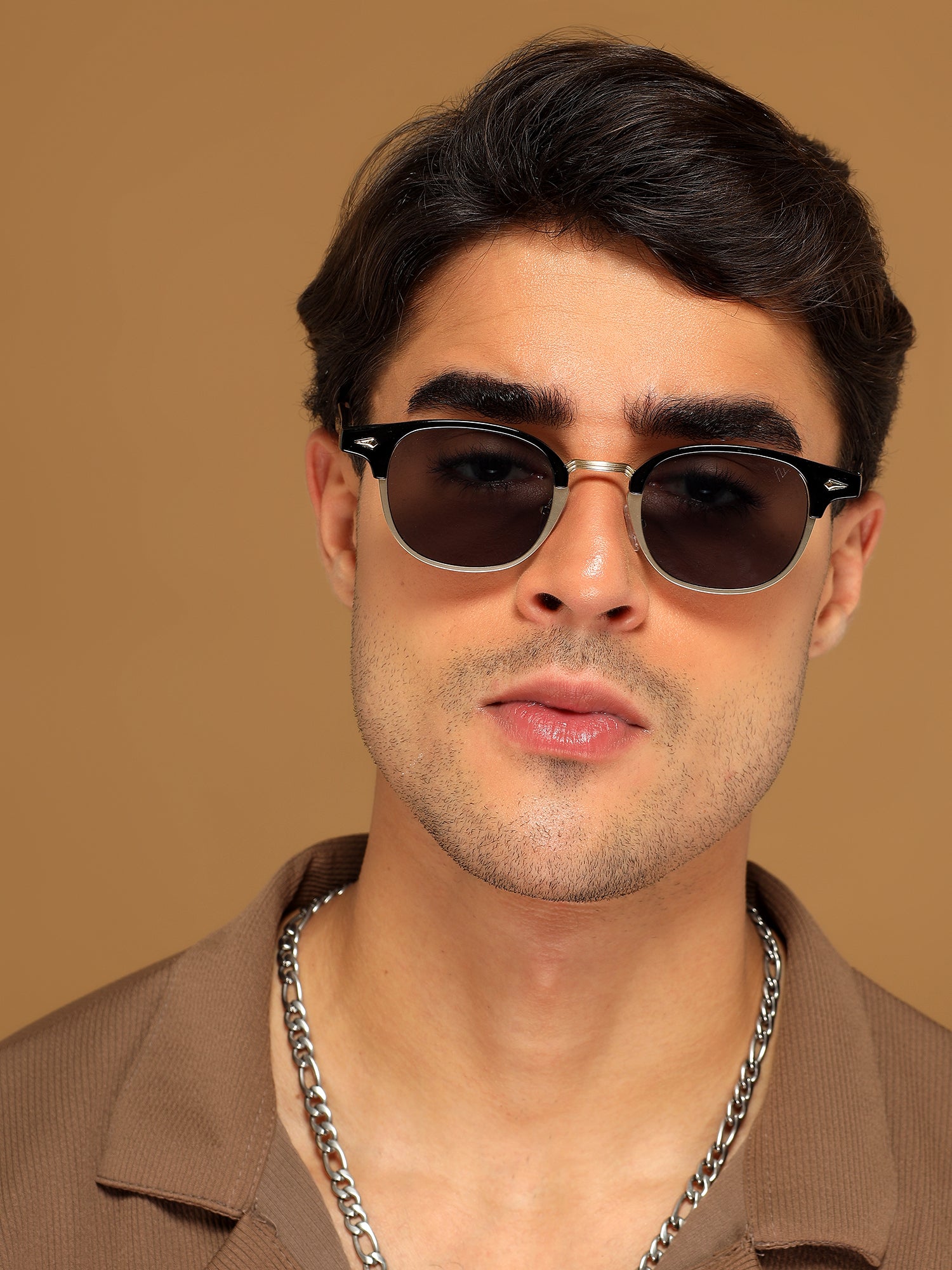 Skyline | Golden Half Rim Clubmaster Sunglasses | Grey Lens - MG7101