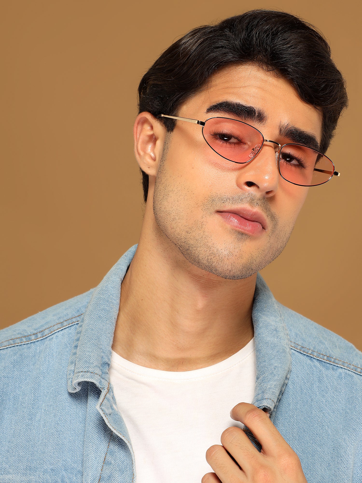 Oval Sunglasses for Men & Women (Pink Lens | Golden Frame - MG7150)