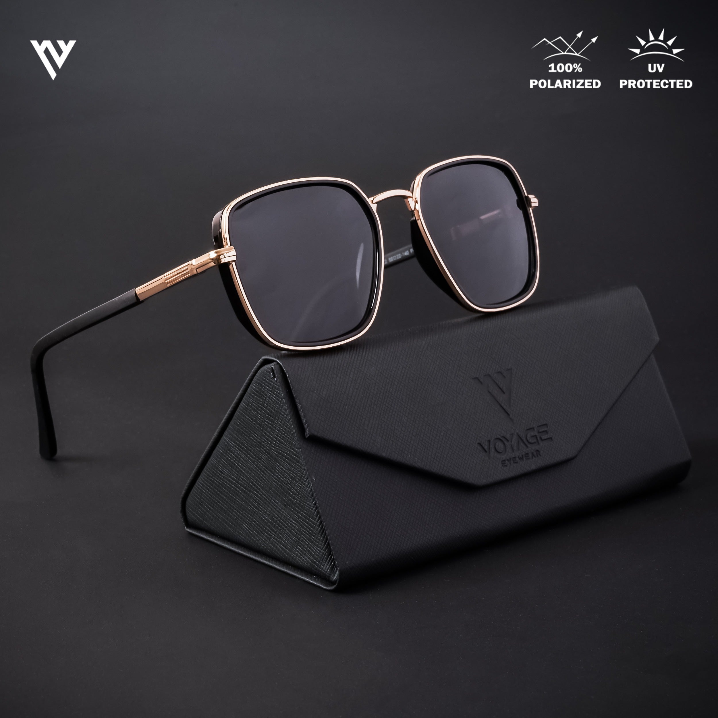 Voyage Exclusive Golden & Black Polarized Square Sunglasses for Men & Women - PMG4434