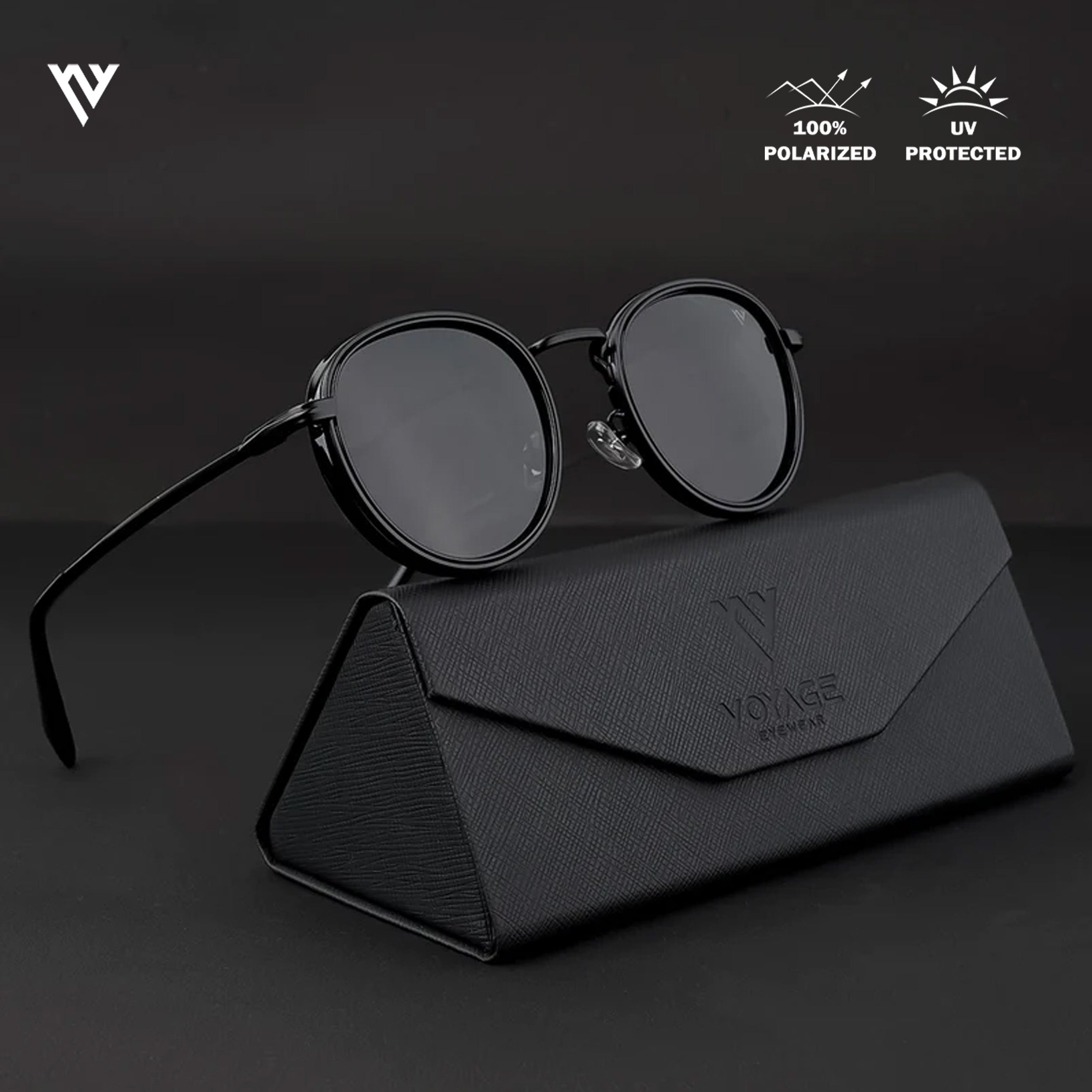 Voyage Exclusive Black Polarized Round Sunglasses for Men & Women - PMG3980