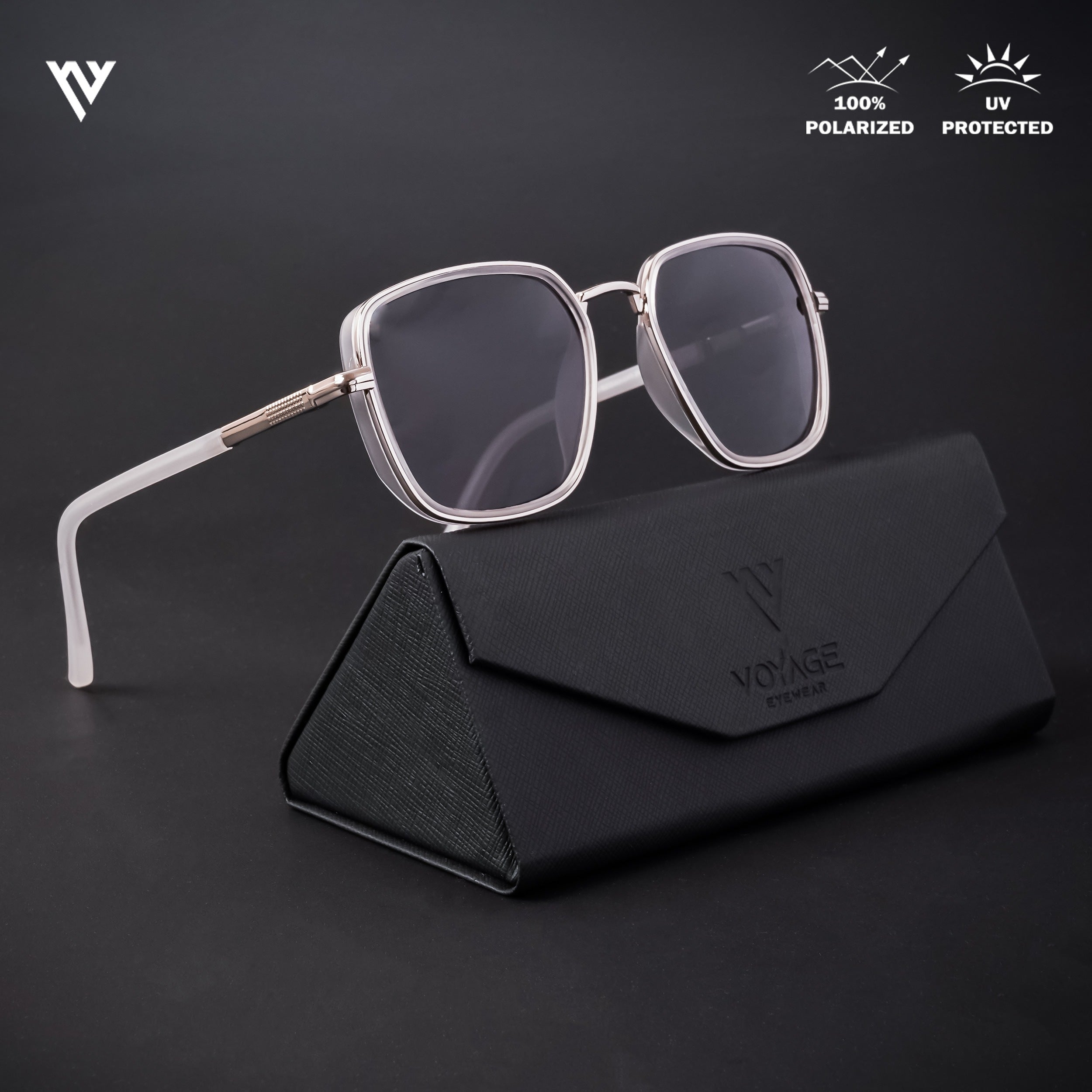 Voyage Exclusive Silver & Transparent Polarized Square Sunglasses for Men & Women - PMG4435