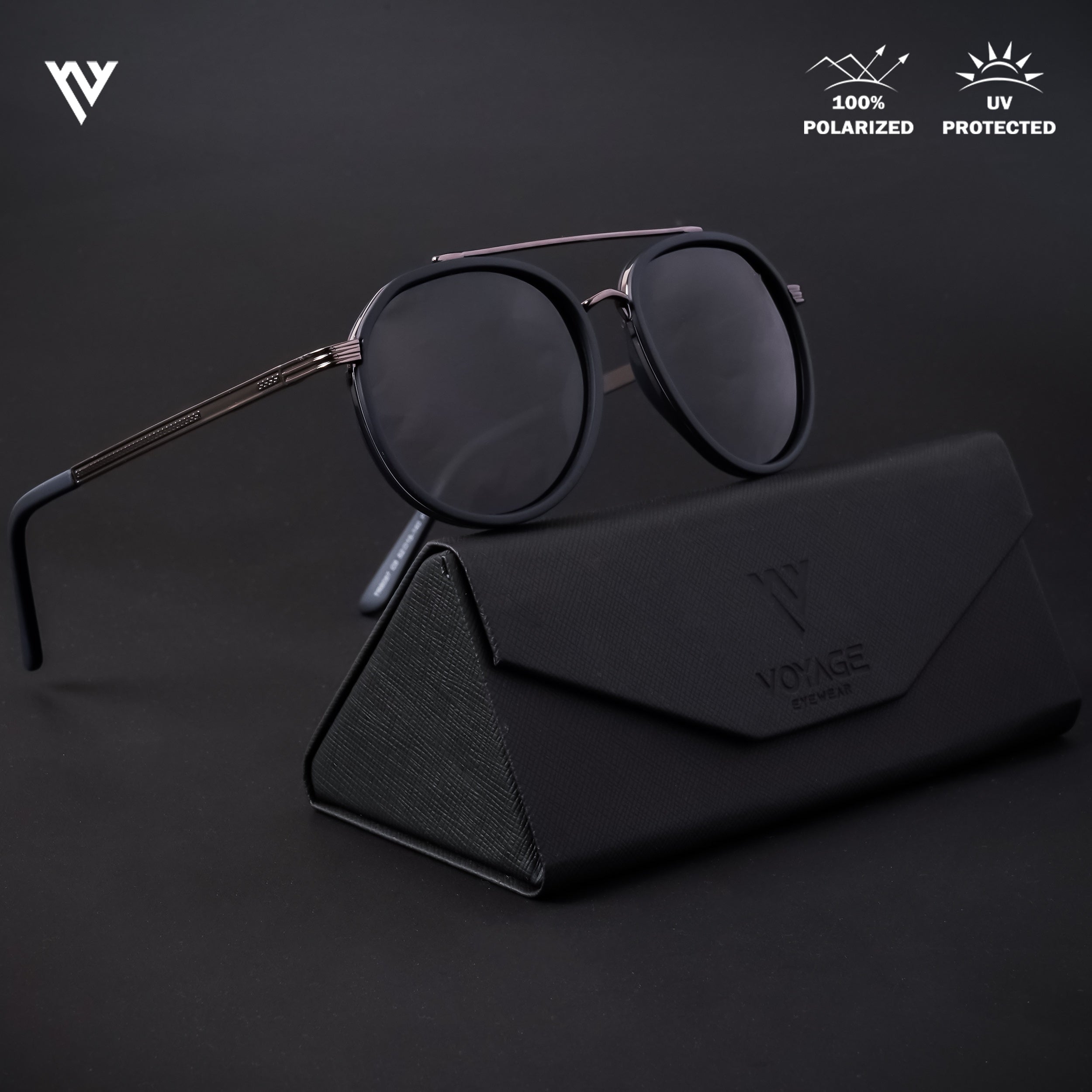 Grey & Navy Blue Polarized Round Sunglasses - PMG4312