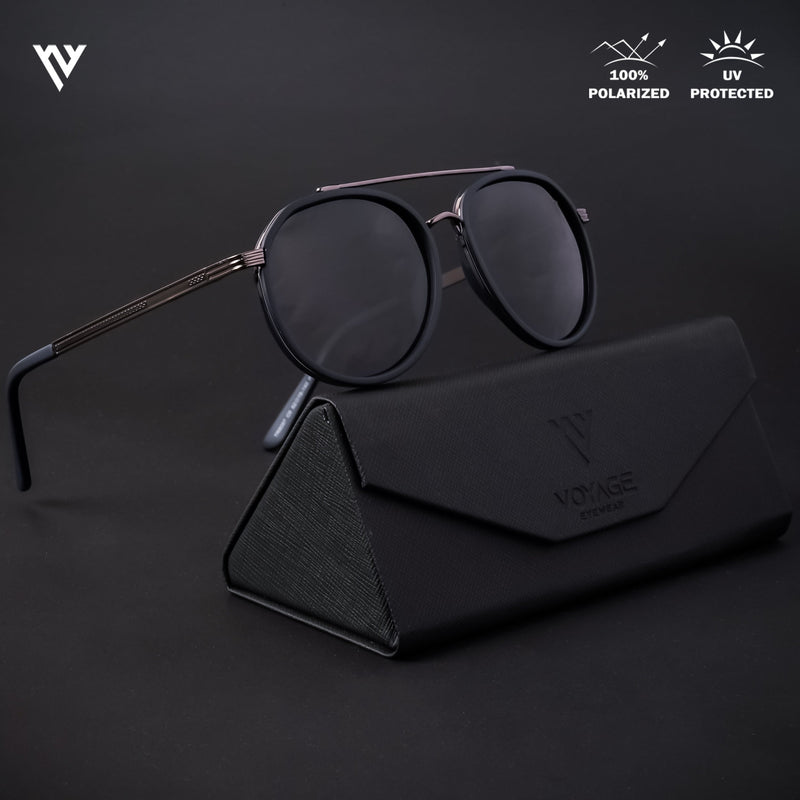 Grey & Navy Blue Polarized Round Sunglasses - PMG4312