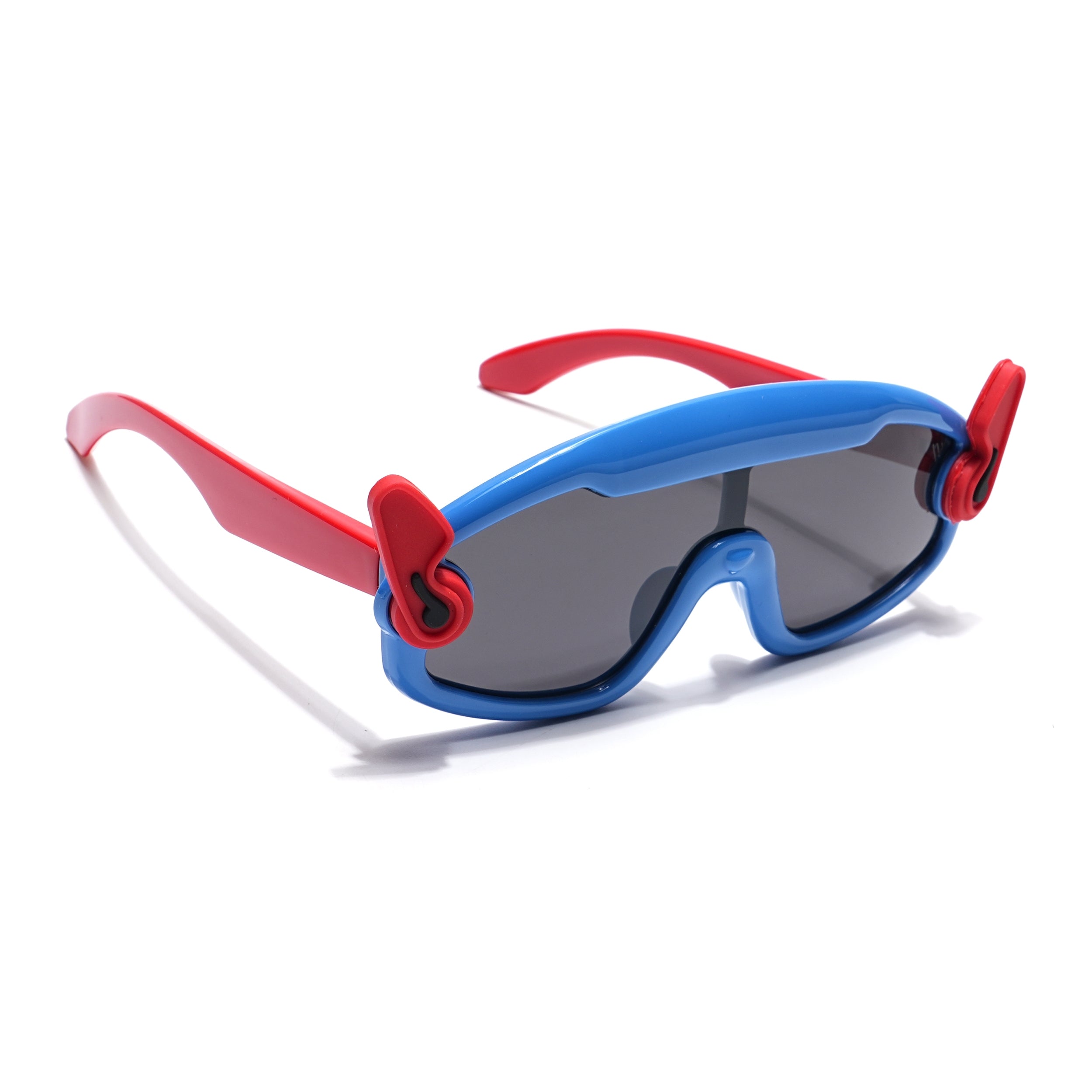 Wrap Around Sunglasses for Kids -6 yrs To 12 yrs (Black Lens | Blue & Red Frame - PMG6086)