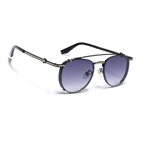Round Sunglasses for Men & Women (Blue & Clear Lens | Black & Golden Frame - MG7538)