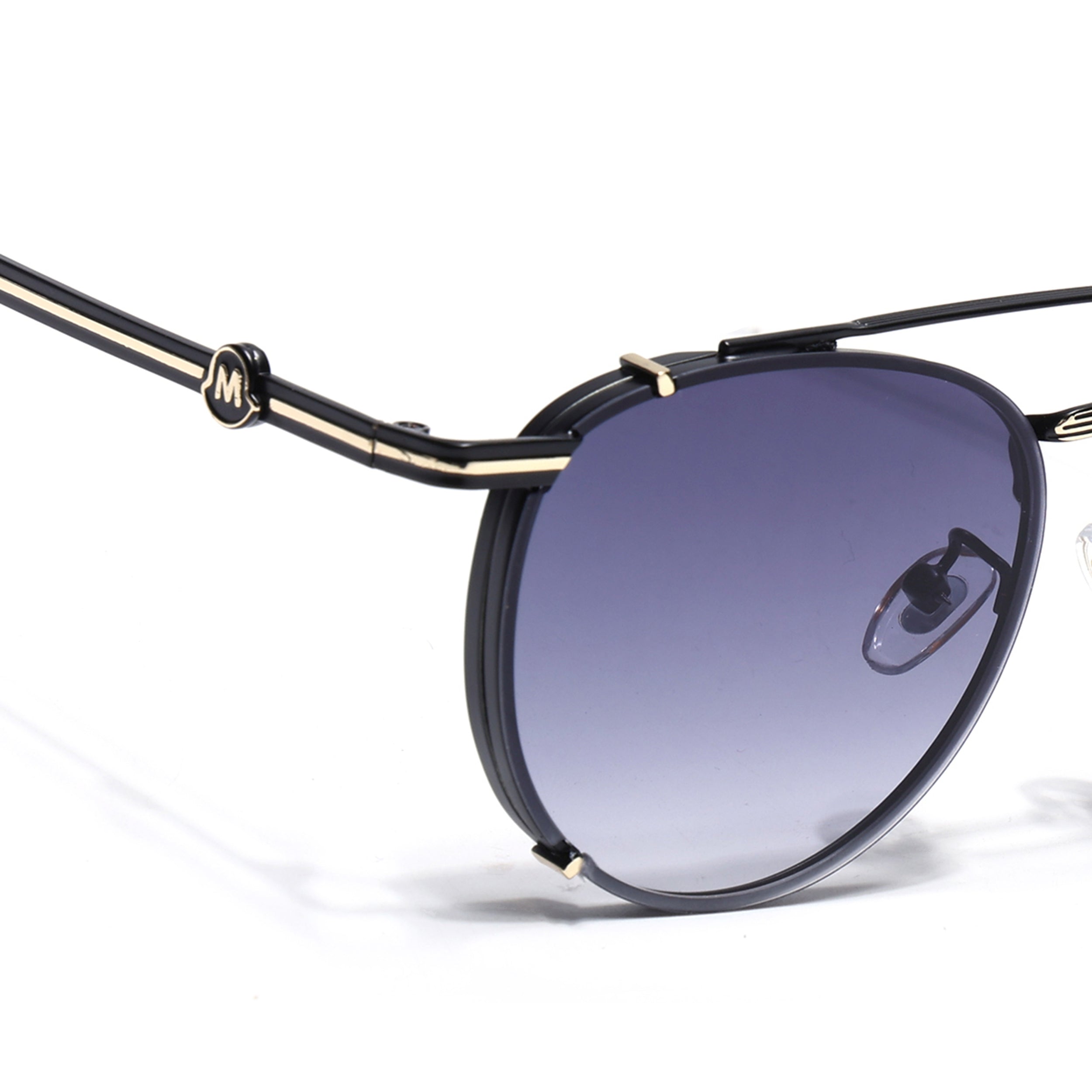 Round Sunglasses for Men & Women (Blue & Clear Lens | Black & Golden Frame - MG7538)
