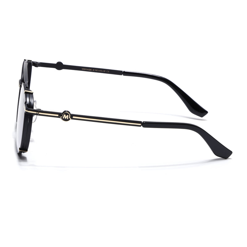 Round Sunglasses for Men & Women (Blue & Clear Lens | Black & Golden Frame - MG7538)