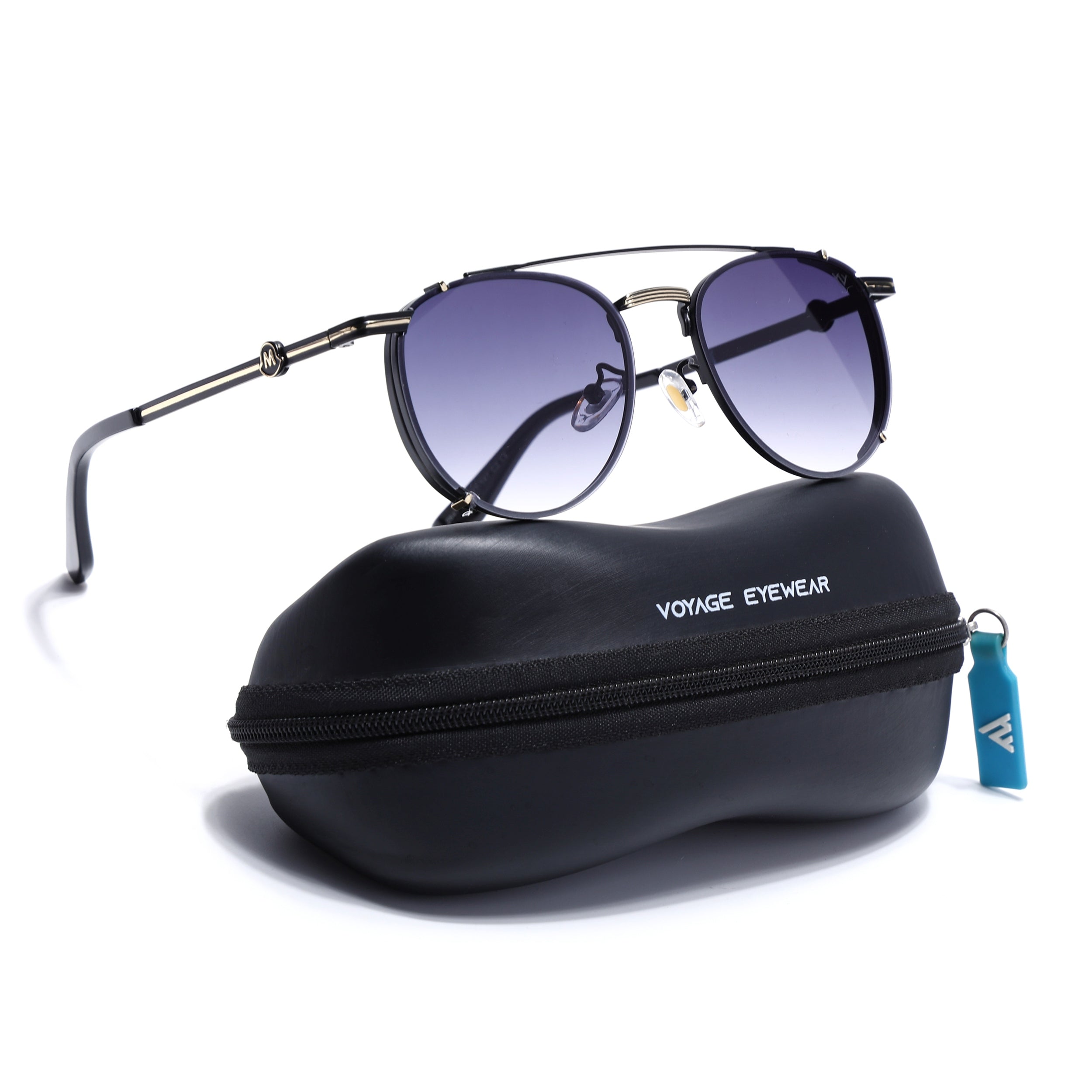 Round Sunglasses for Men & Women (Blue & Clear Lens | Black & Golden Frame - MG7538)