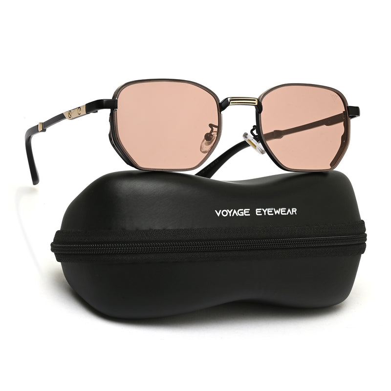 Rectangle Sunglasses for Men & Women (Pink Lens | Black & Golden Frame - MG7843)