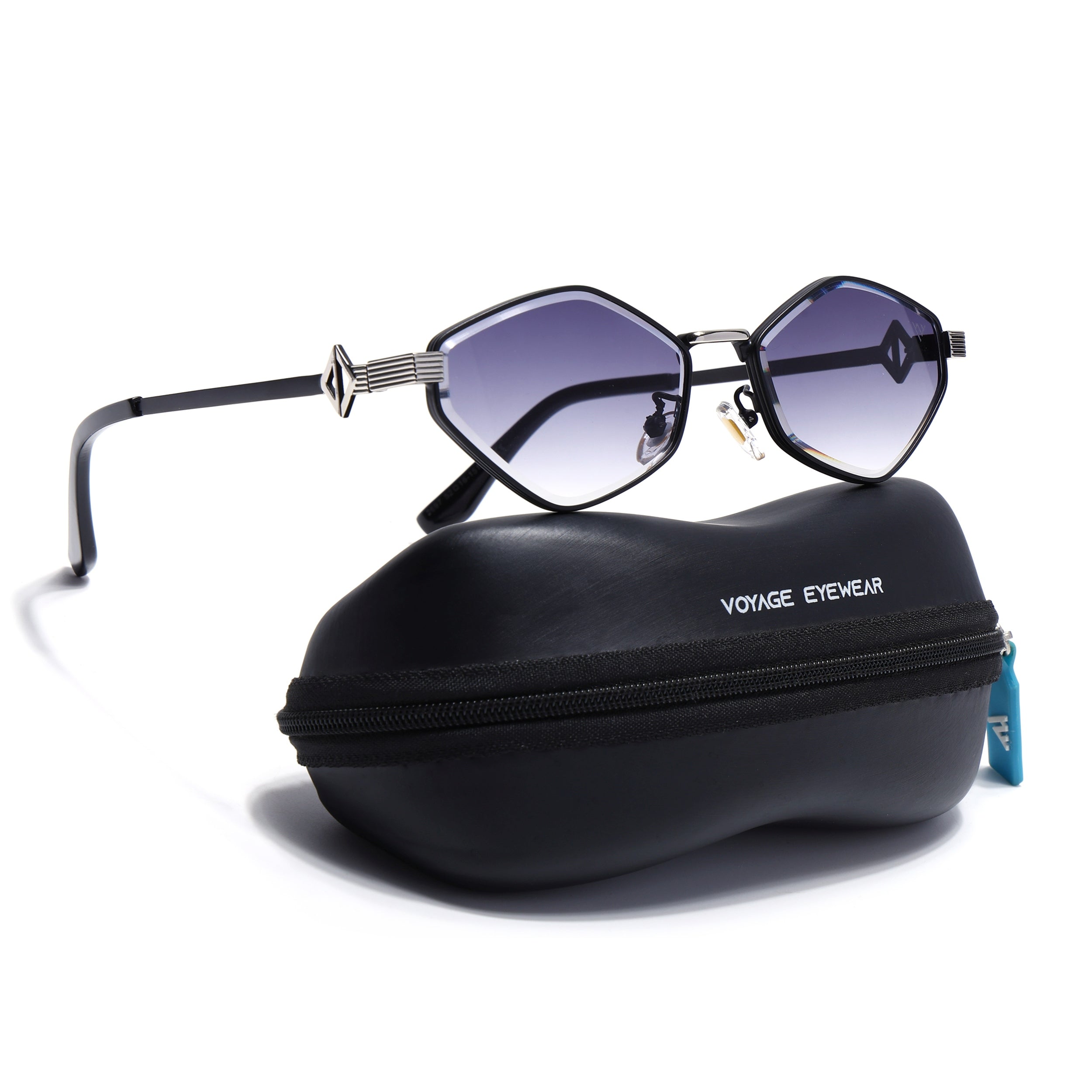 Hexagonal Sunglasses for Men & Women (Grey & Clear Lens | Black & Silver Frame - MG7521)