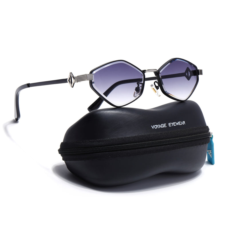 Hexagonal Sunglasses for Men & Women (Grey & Clear Lens | Black & Silver Frame - MG7521)