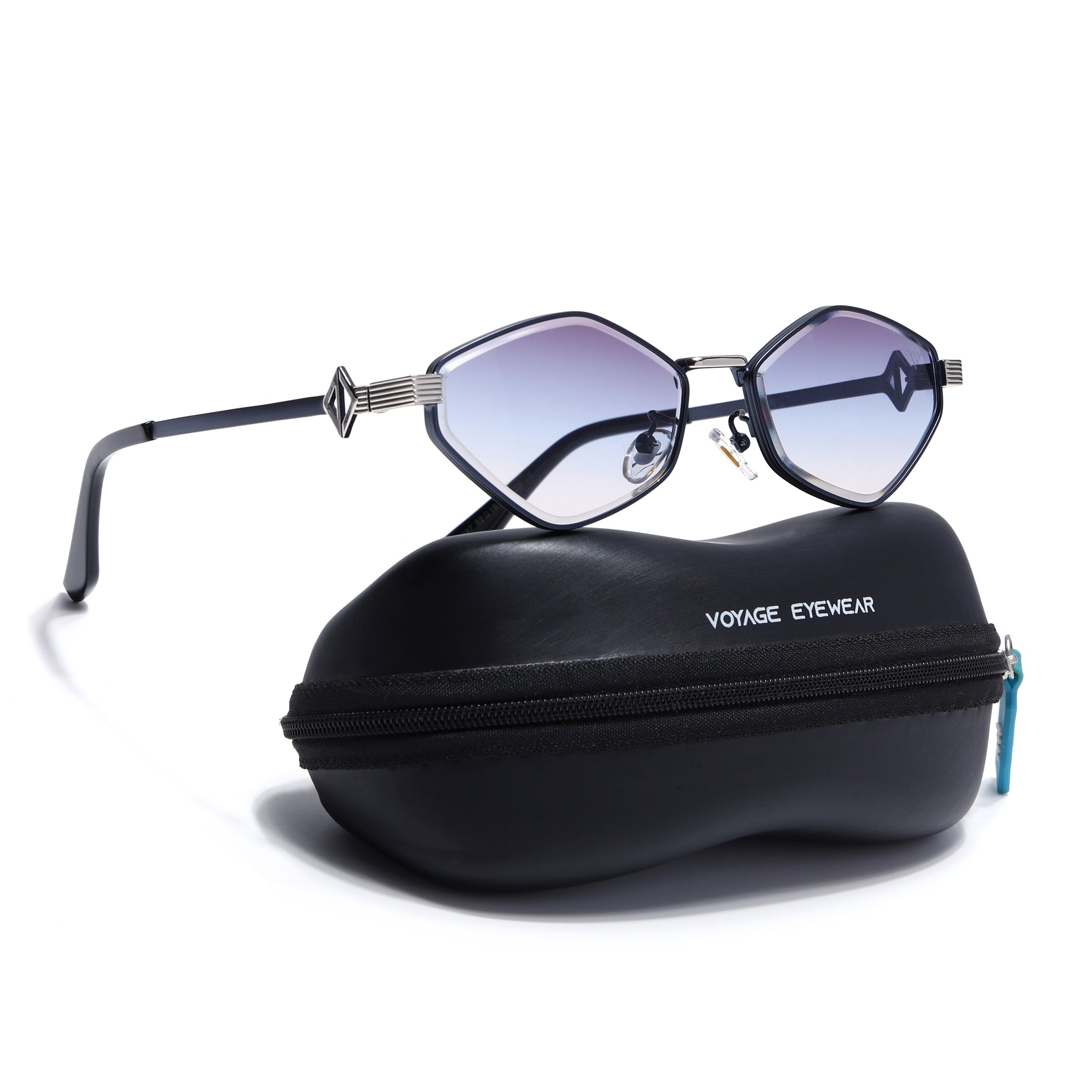 Hexagonal Sunglasses for Men & Women (Blue & Clear Lens | Blue & Silver Frame - MG7522)