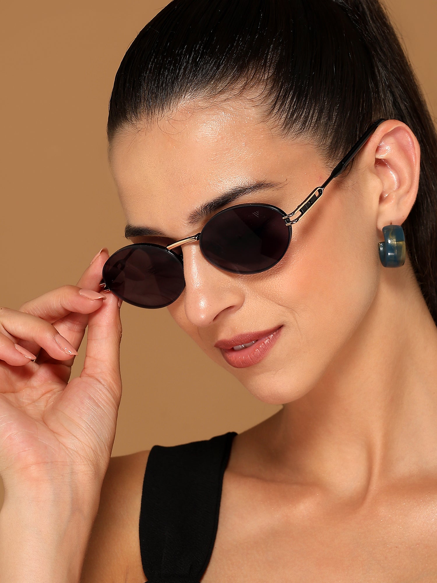 Oval Sunglasses for Men & Women (Grey Lens | Black & Golden Frame - MG6887)