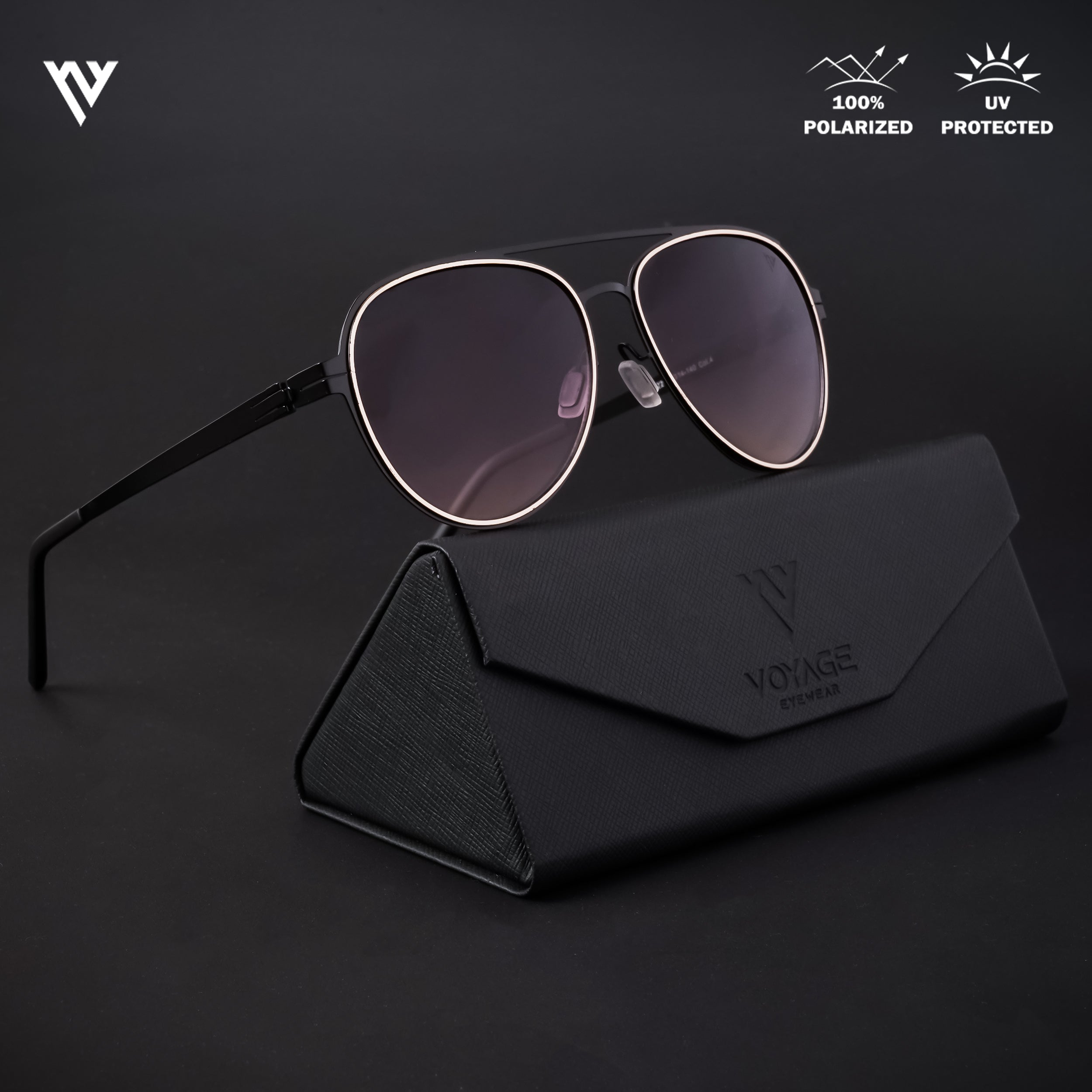 Black & Golden Polarized Aviator Sunglasses - PMG4289