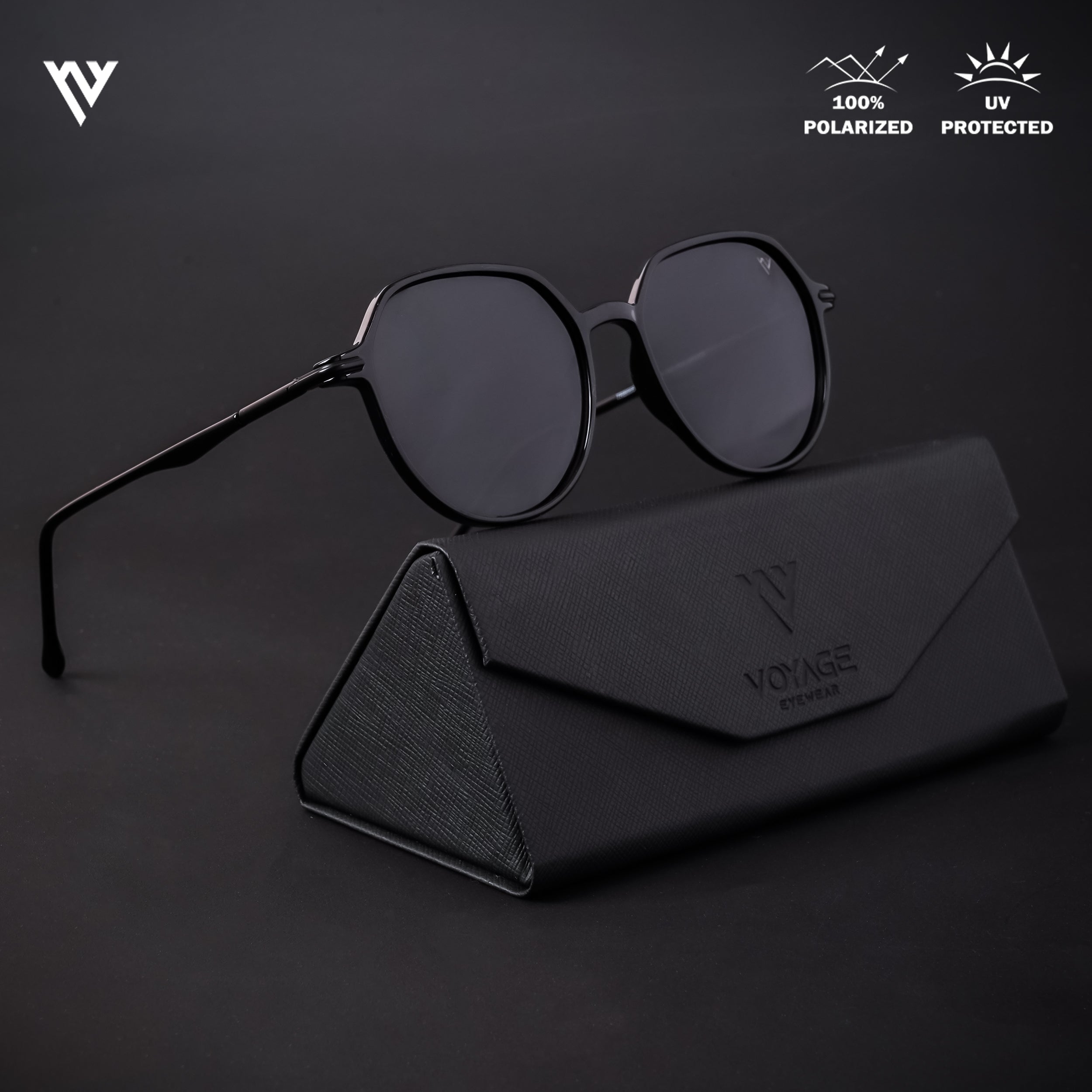 Voyage Exclusive Shine Black Polarized Round Sunglasses for Men & Women (TR8068PMG4297)