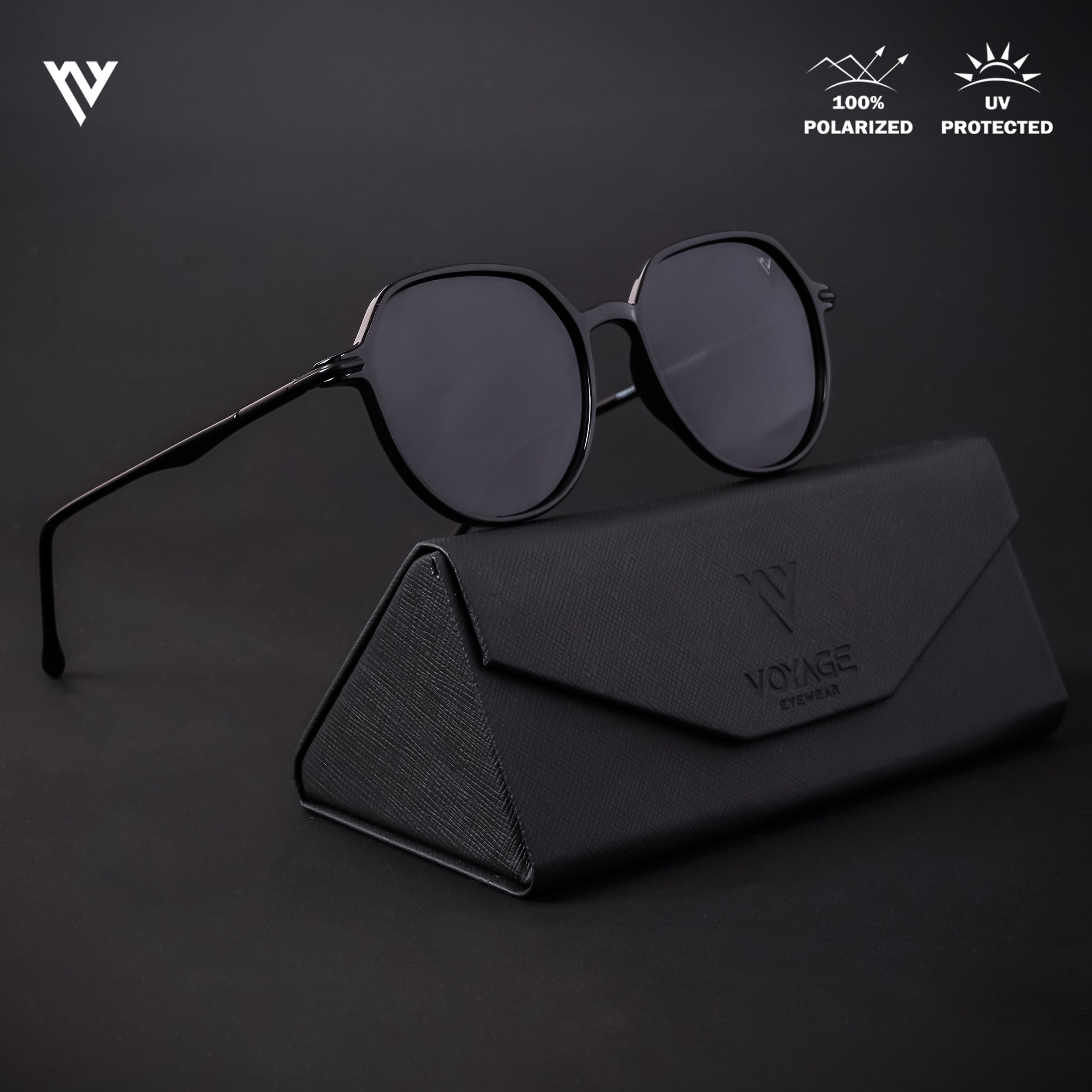 Voyage Exclusive Shine Black Polarized Round Sunglasses for Men & Women - PMG4297