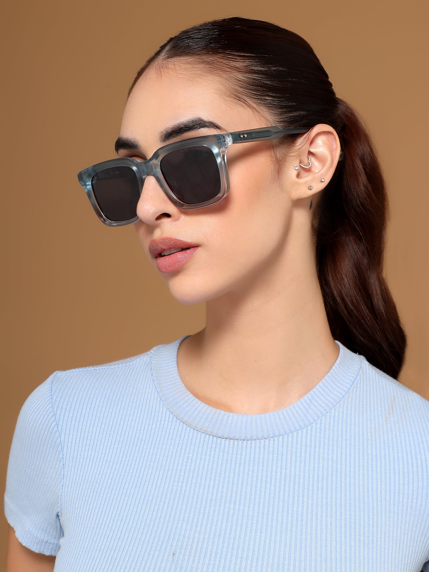 Square Sunglasses for Men & Women (Grey Lens | Blue & Transparent Frame - MG7337)