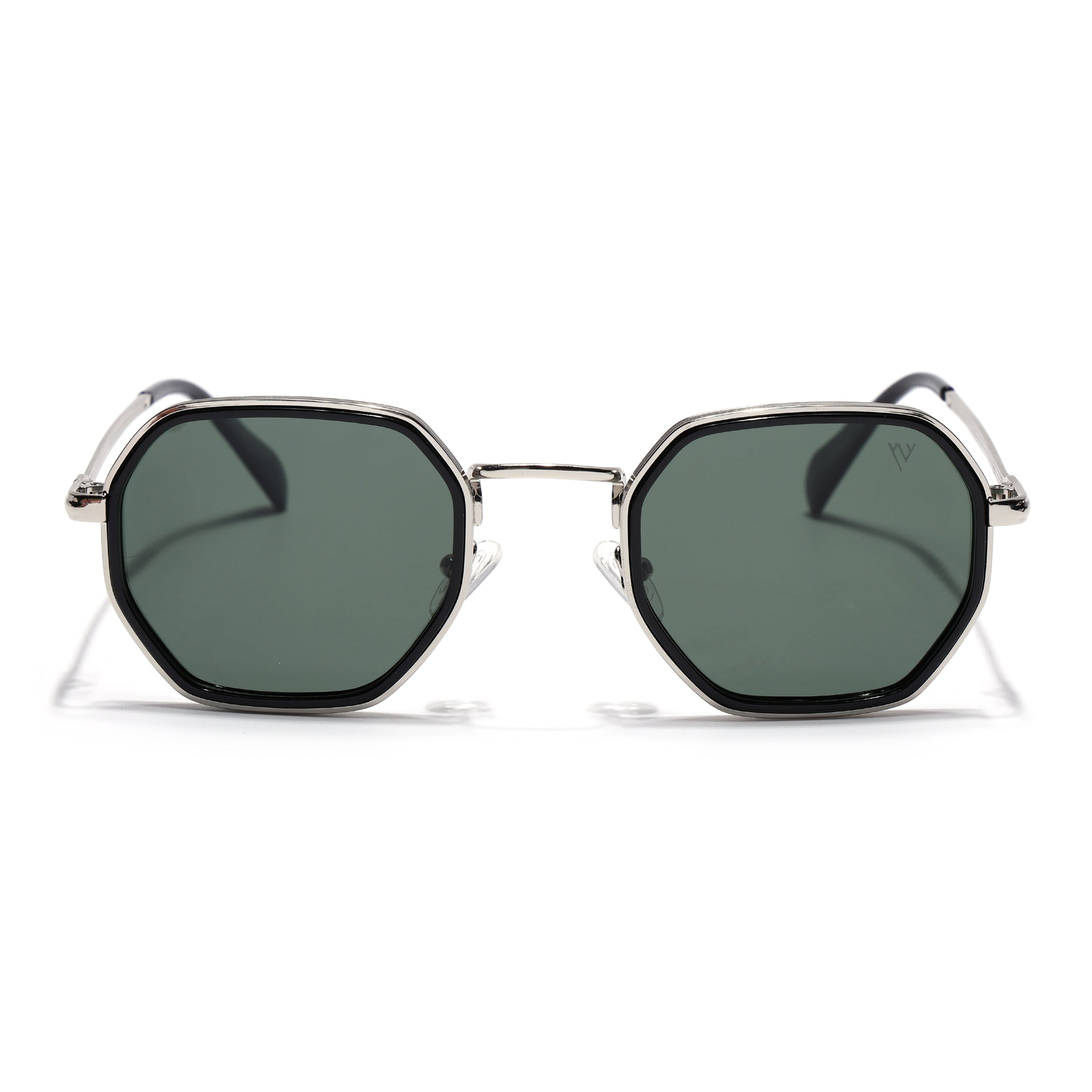 Geometric Sunglasses for Men & Women (Olive Lens | Silver & Black Frame - PMG7577)