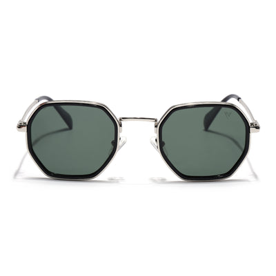 Geometric Sunglasses for Men & Women (Olive Lens | Silver & Black Frame - PMG7577)