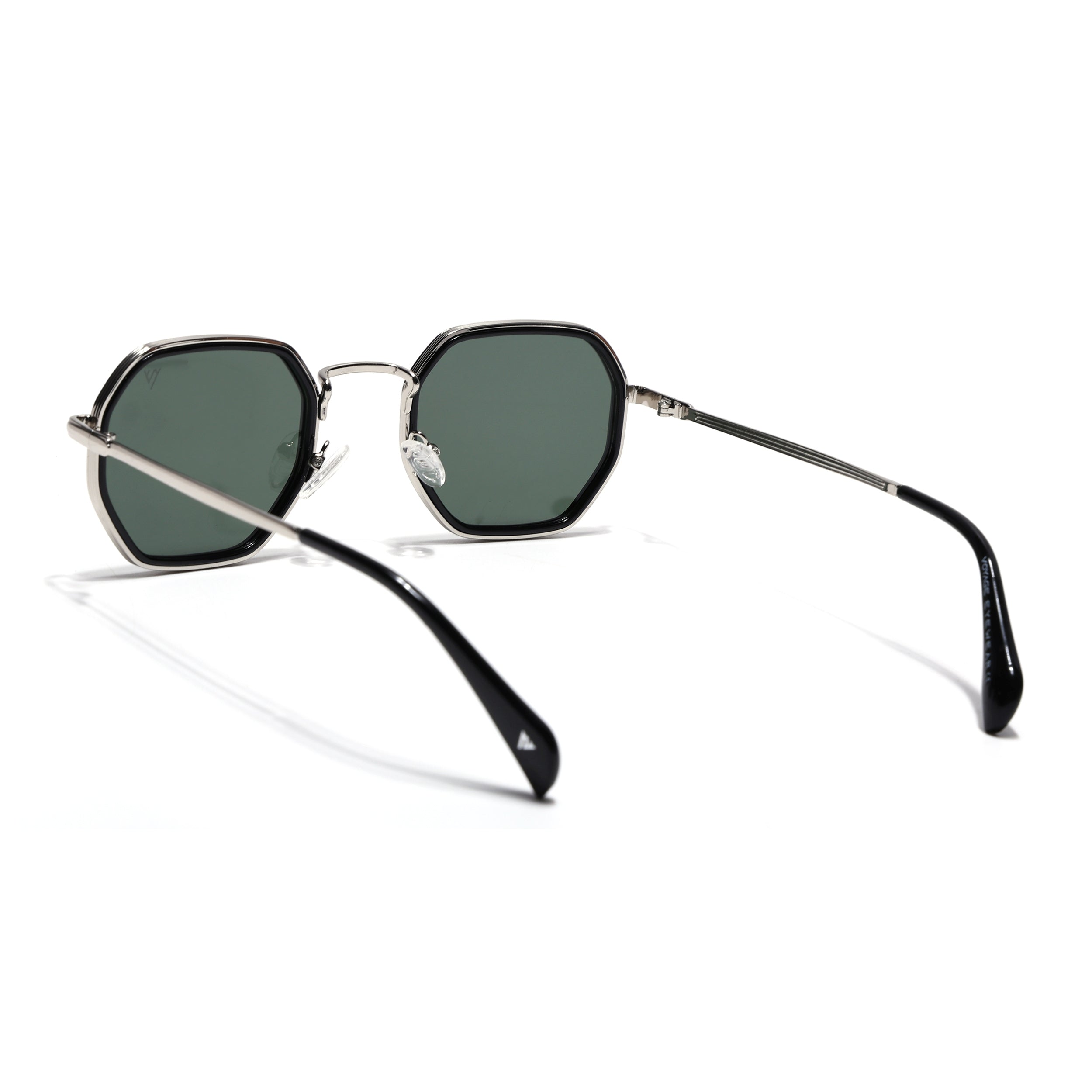 Geometric Sunglasses for Men & Women (Olive Lens | Silver & Black Frame - PMG7577)
