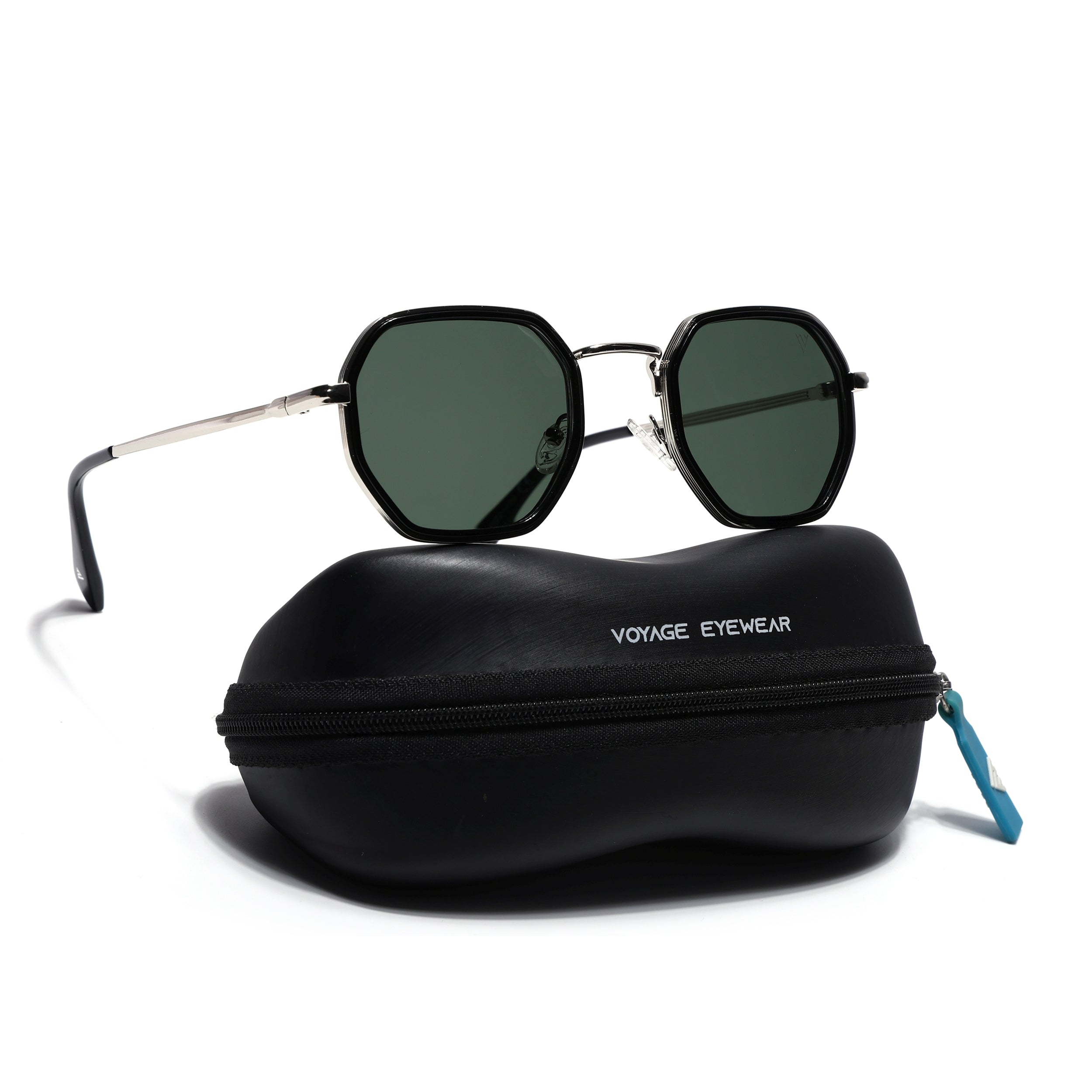 Geometric Sunglasses for Men & Women (Olive Lens | Silver & Black Frame - PMG7577)