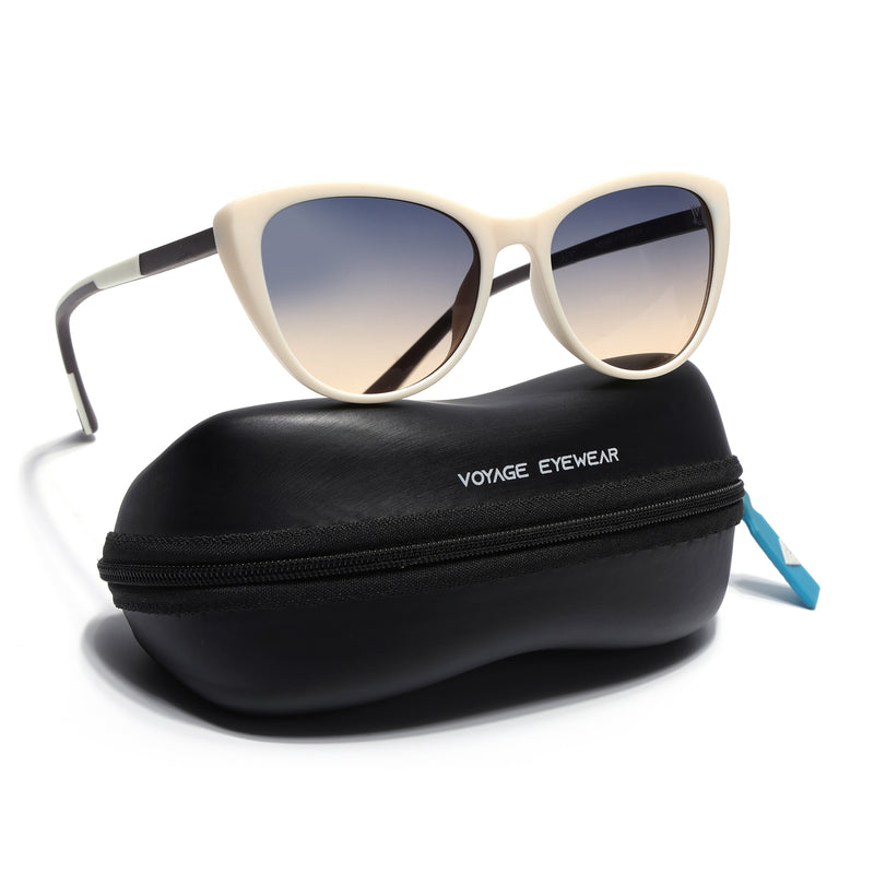 Cateye Sunglasses for Women (Grey & Brown Lens | White Frame - MG7166)