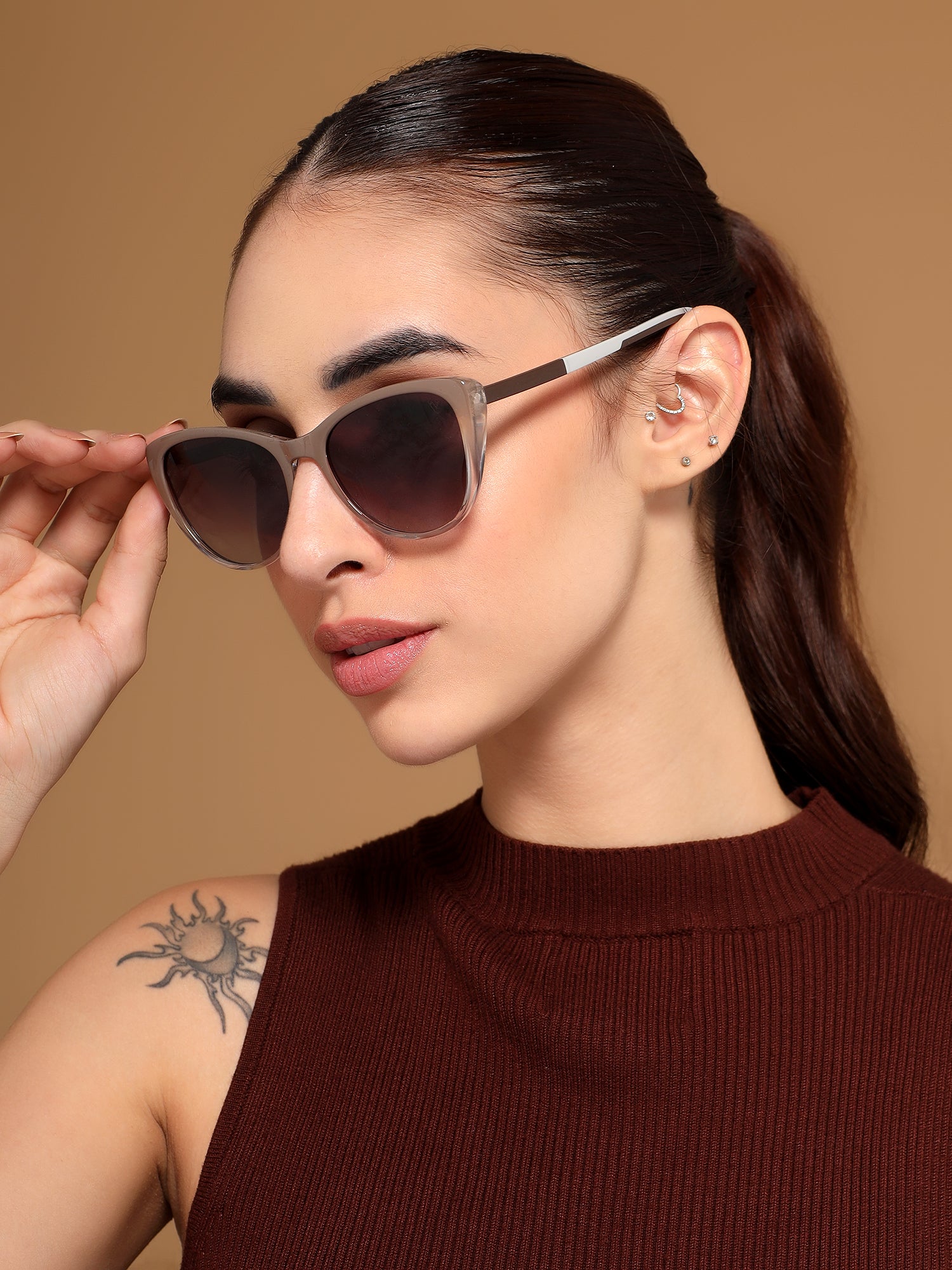 Cateye Sunglasses for Women (Grey & Clear Lens | Light Brown Frame - MG7168)