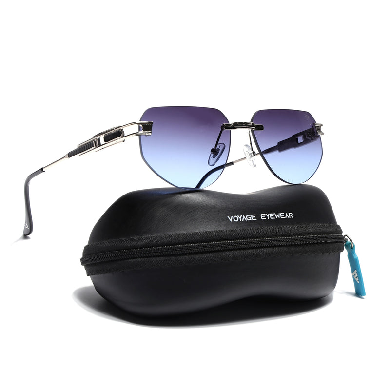 Rimless Sunglasses for Men & Women (Grey & Blue Lens | Silver Frame - MG7313)