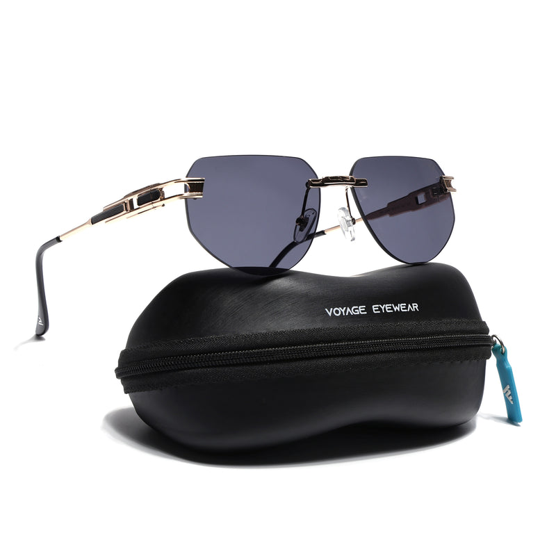 Rimless Sunglasses for Men & Women (Black Lens | Golden Frame - MG7315)