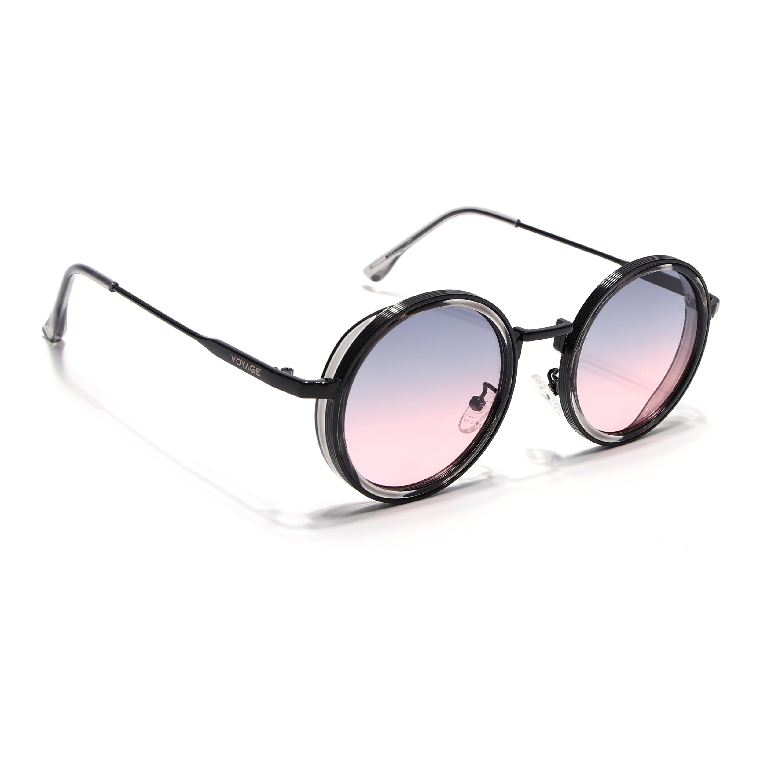 Round Sunglasses for Men & Women (Grey & Pink Lens | Black & Transparent Frame - MG7117)
