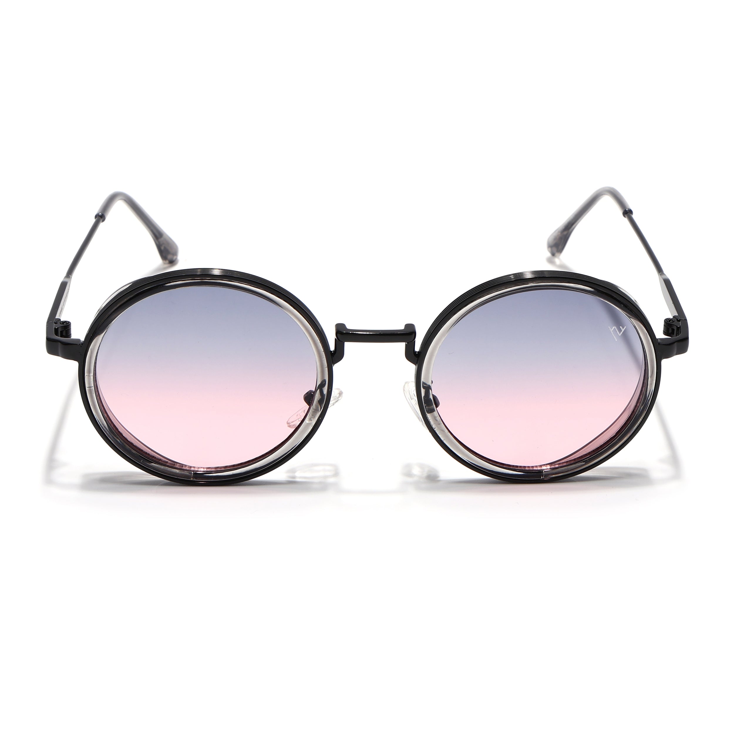 Round Sunglasses for Men & Women (Grey & Pink Lens | Black & Transparent Frame - MG7117)