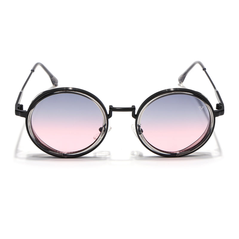 Round Sunglasses for Men & Women (Grey & Pink Lens | Black & Transparent Frame - MG7117)