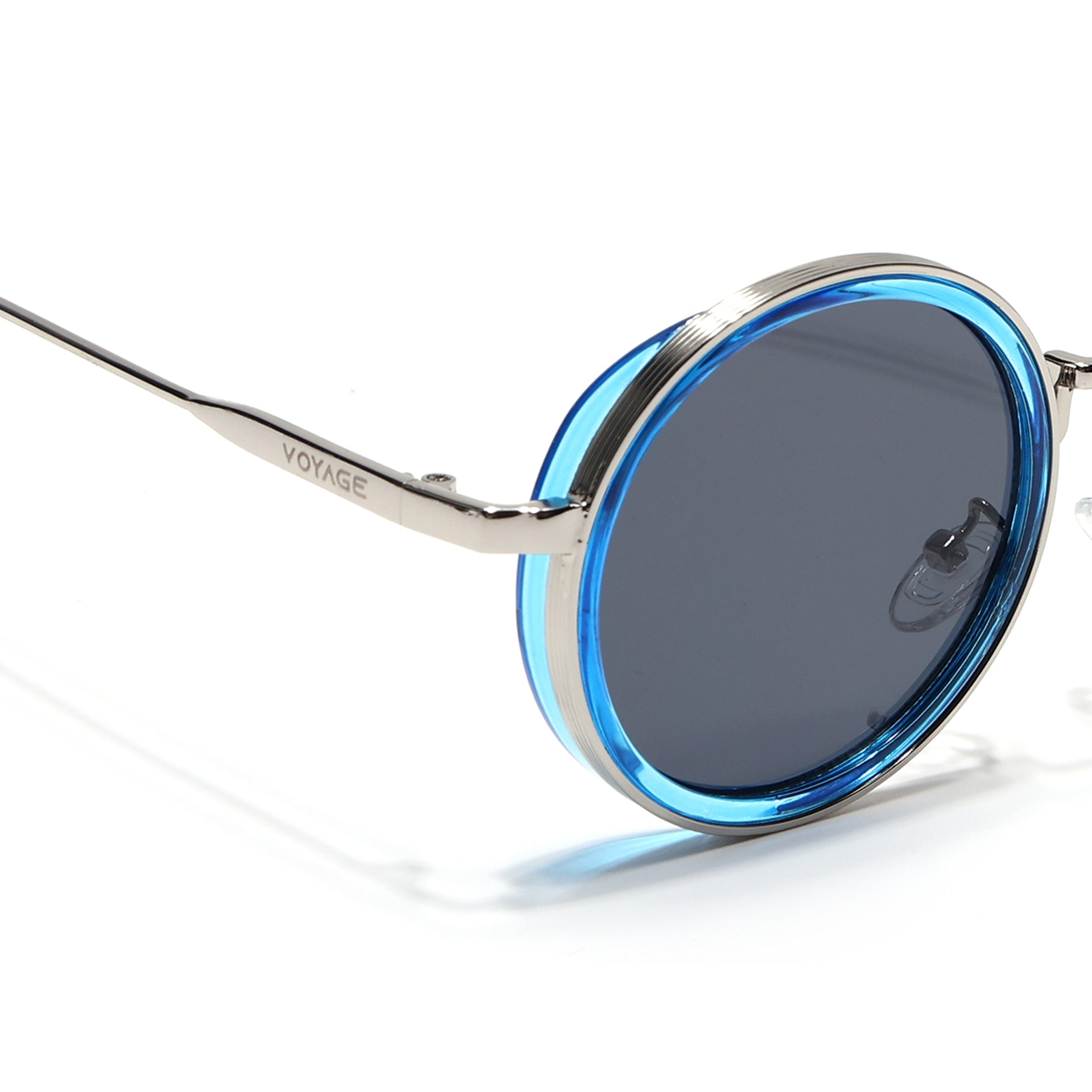 Round Sunglasses for Men & Women (Black Lens | Golden & Blue Frame - MG7118)