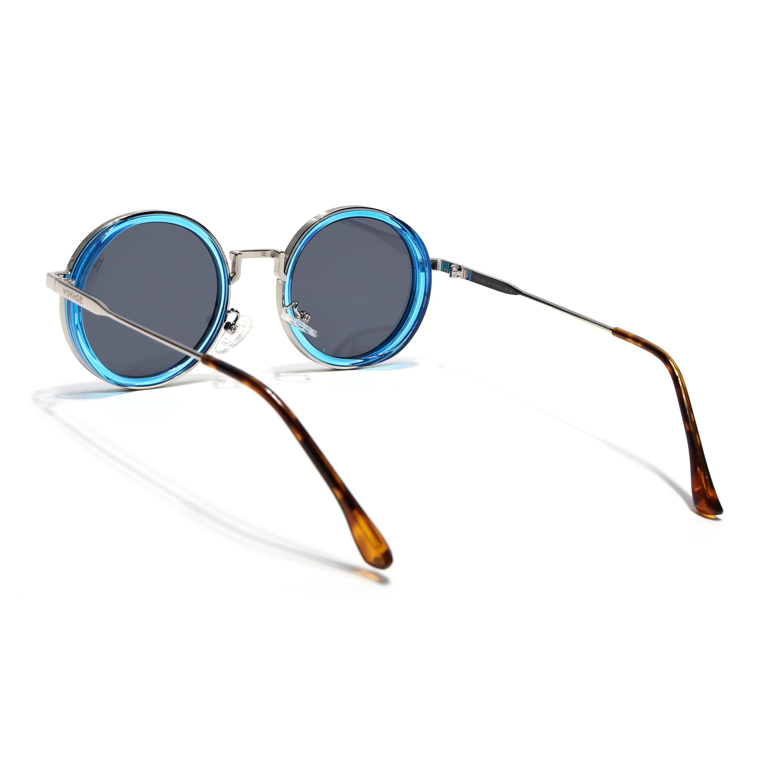 Round Sunglasses for Men & Women (Black Lens | Golden & Blue Frame - MG7118)