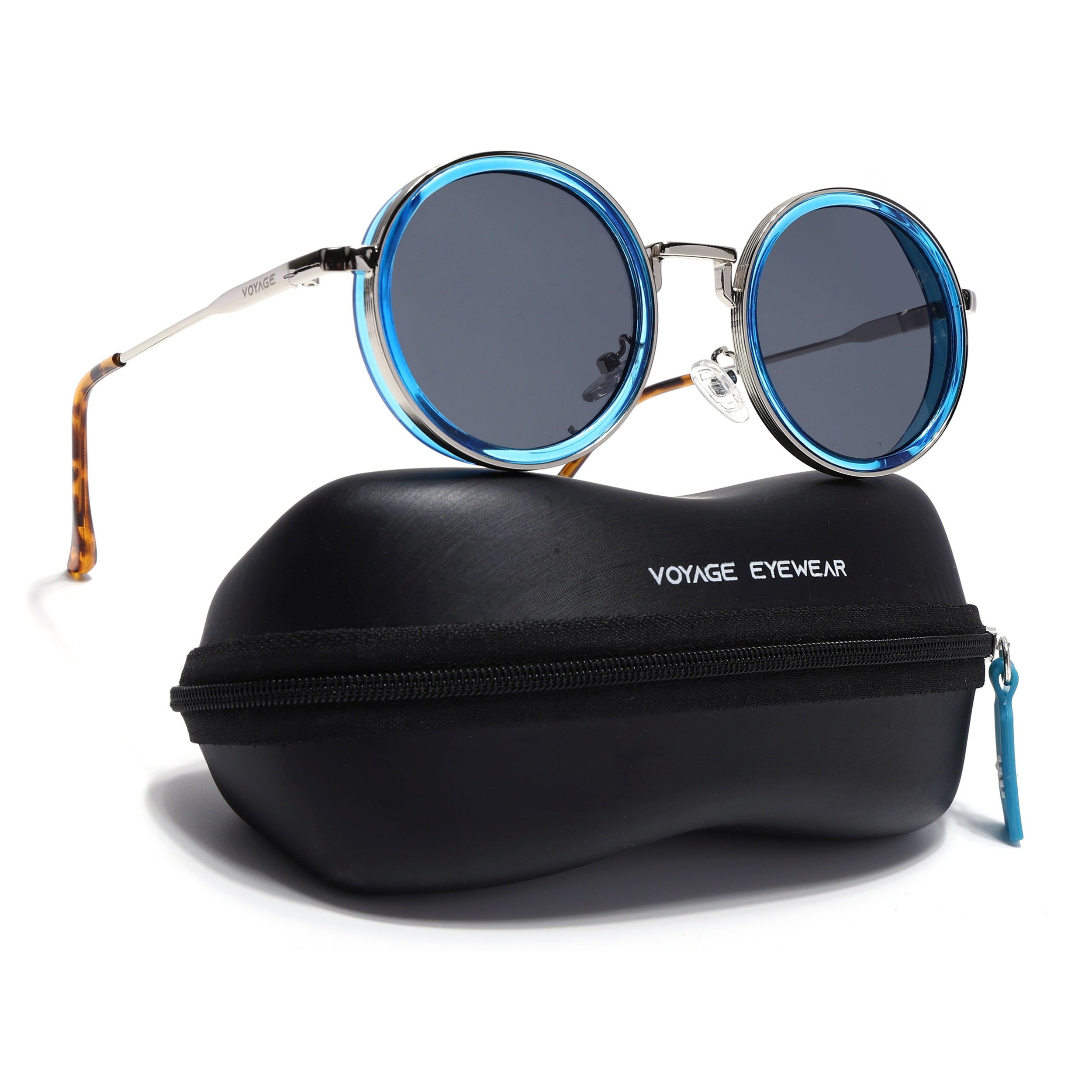 Round Sunglasses for Men & Women (Black Lens | Golden & Blue Frame - MG7118)