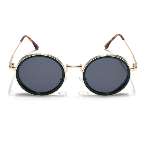 Round Sunglasses for Men & Women (Black Lens | Golden & Green Frame - MG7119)