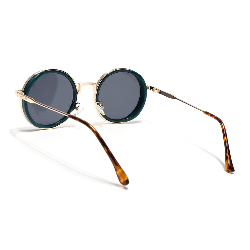 Round Sunglasses for Men & Women (Black Lens | Golden & Green Frame - MG7119)