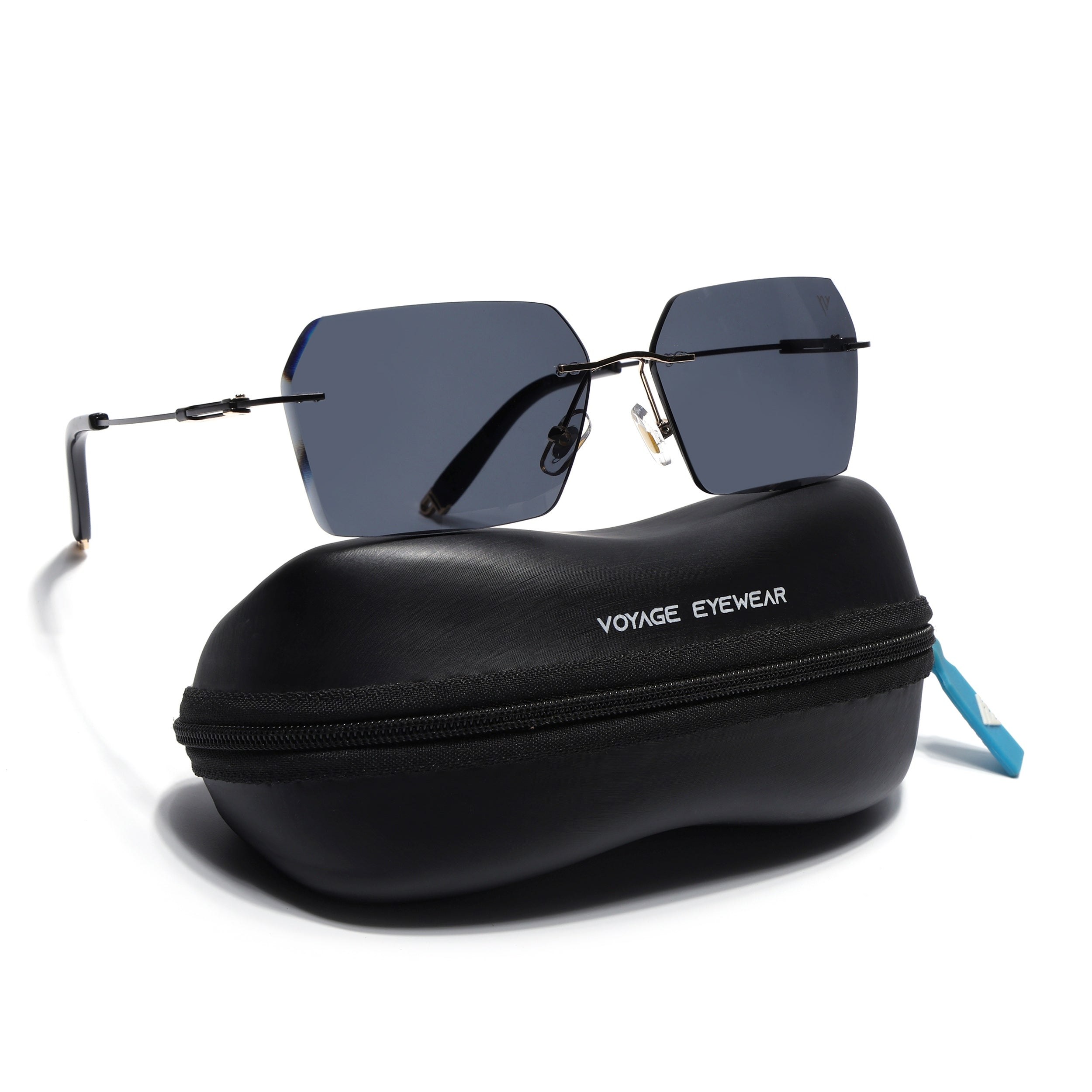 Rimless Sunglasses for Men & Women (Grey Lens | Golden & Black Frame - MG7169)
